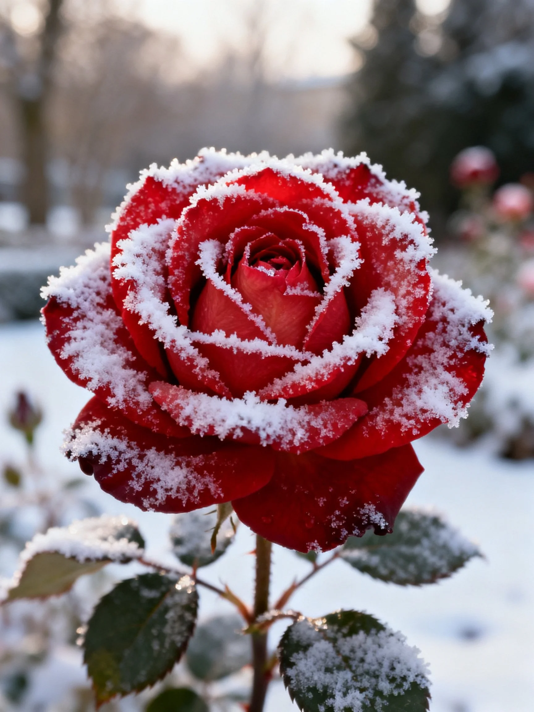 A vibrant red rose dusted with frosty crystals