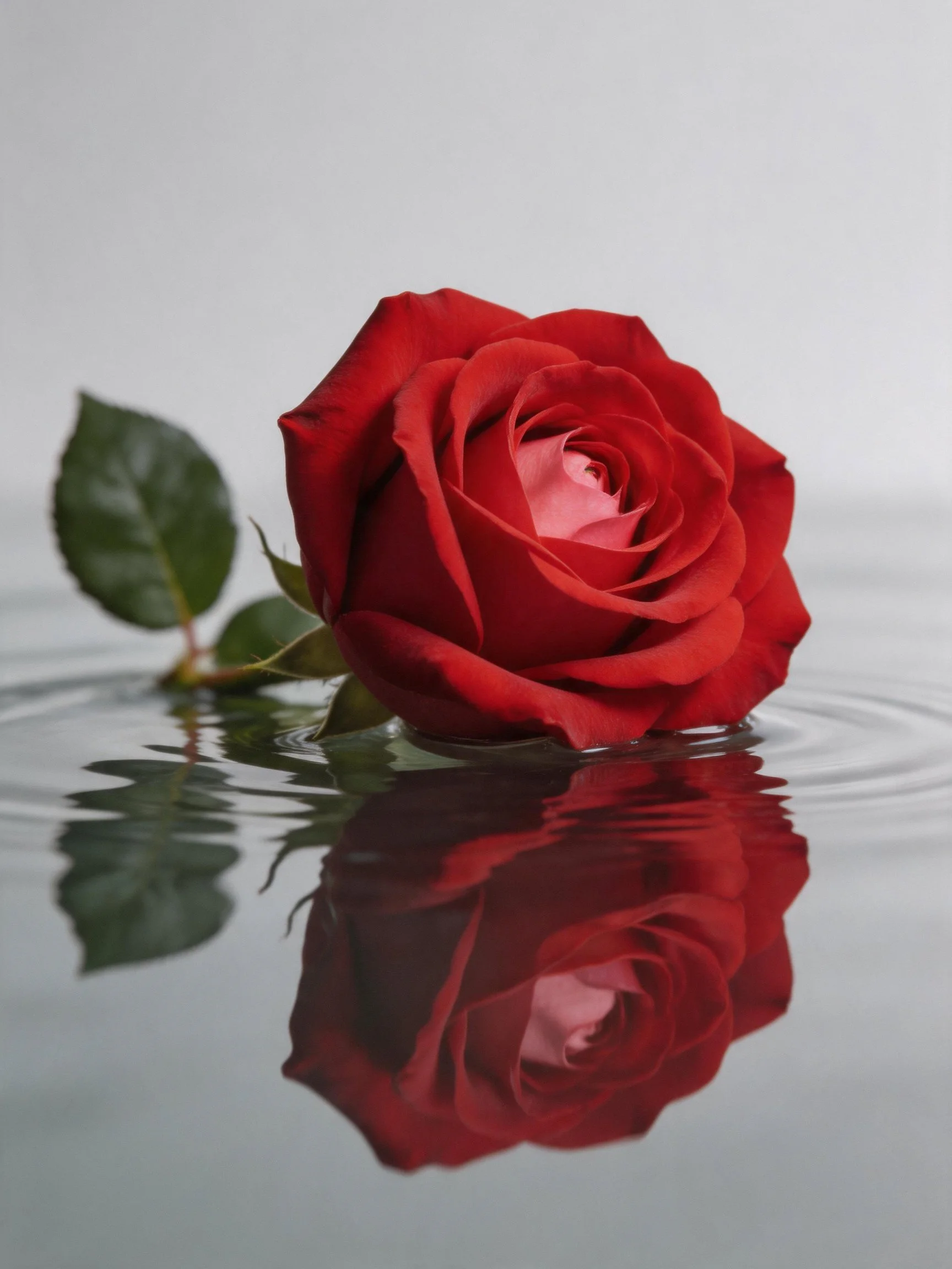 A vibrant red rose floats in calm water with green leaves nearby.