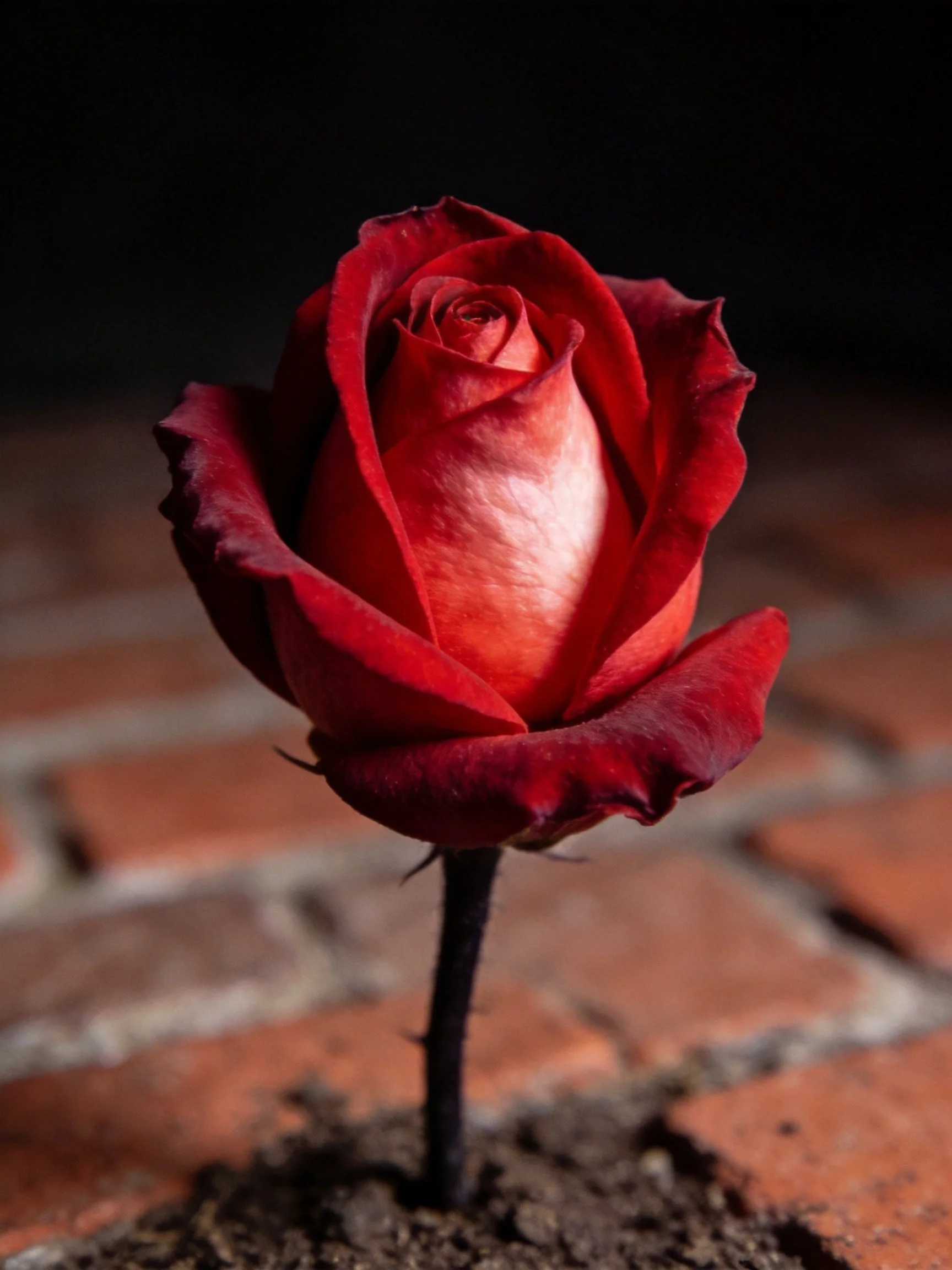 A vibrant red rose growing from soil near a brick wall