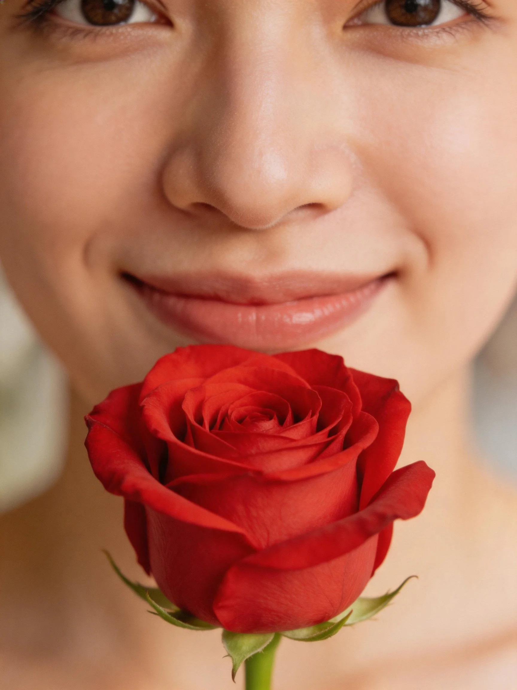 A vibrant red rose held close to a smiling face