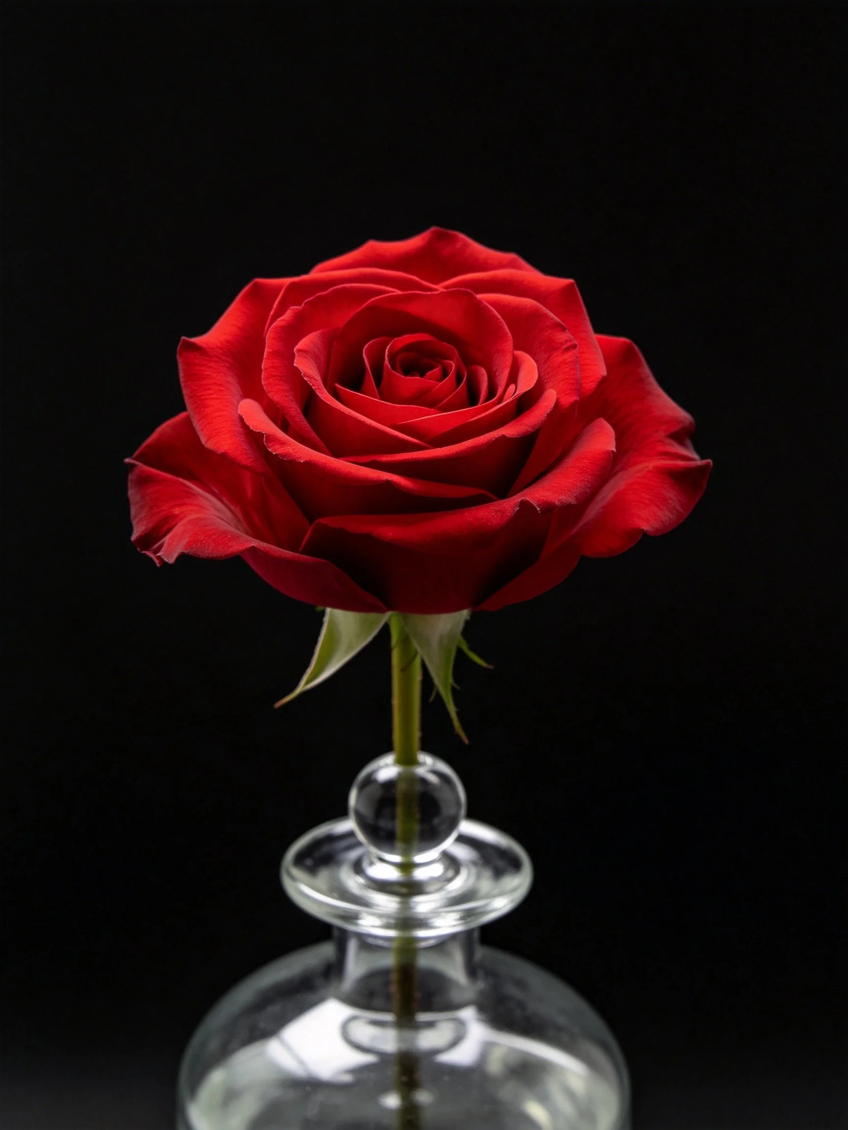 A vibrant red rose in a clear glass bottle