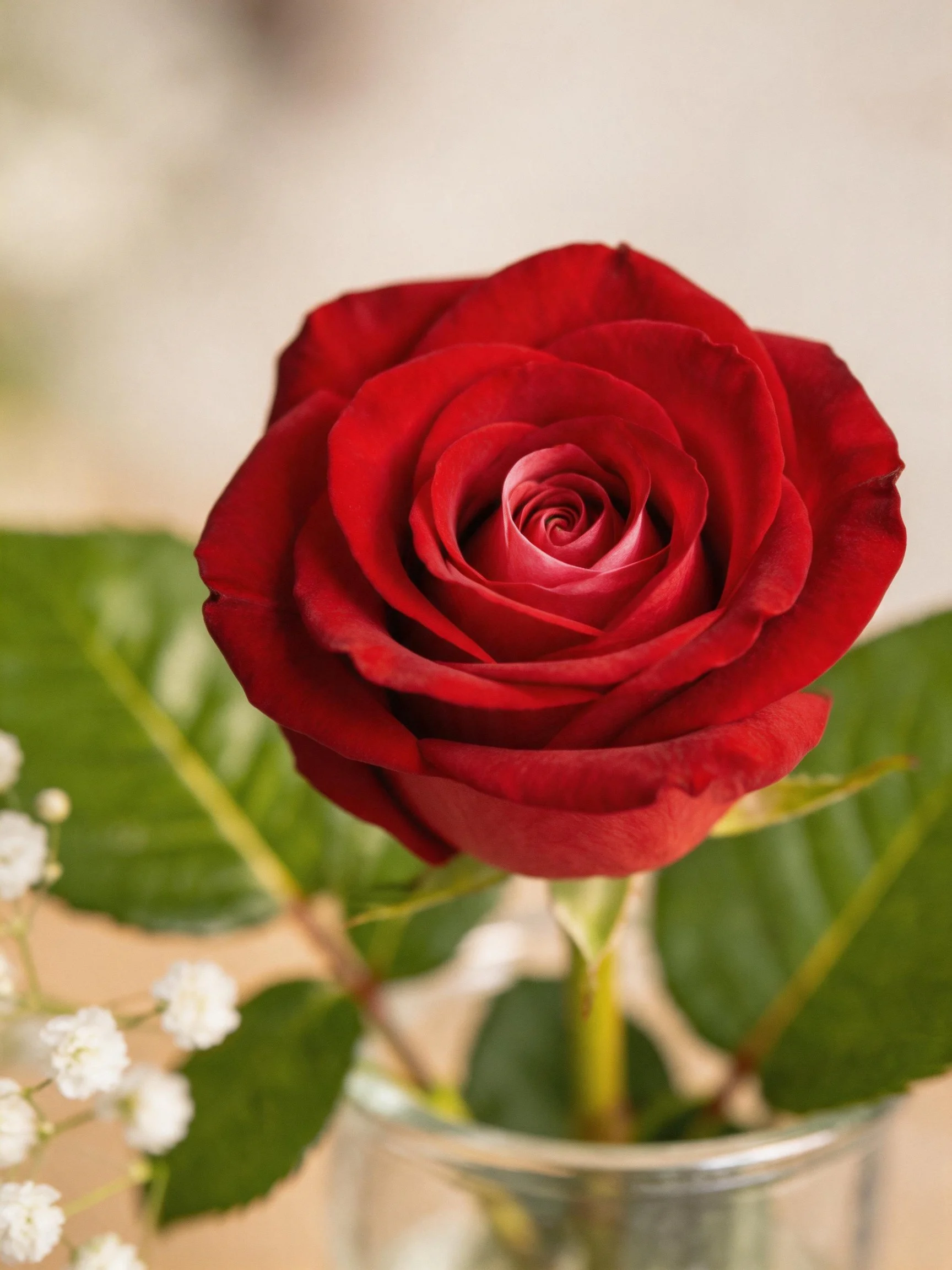 A vibrant red rose in a glass vase with green leaves