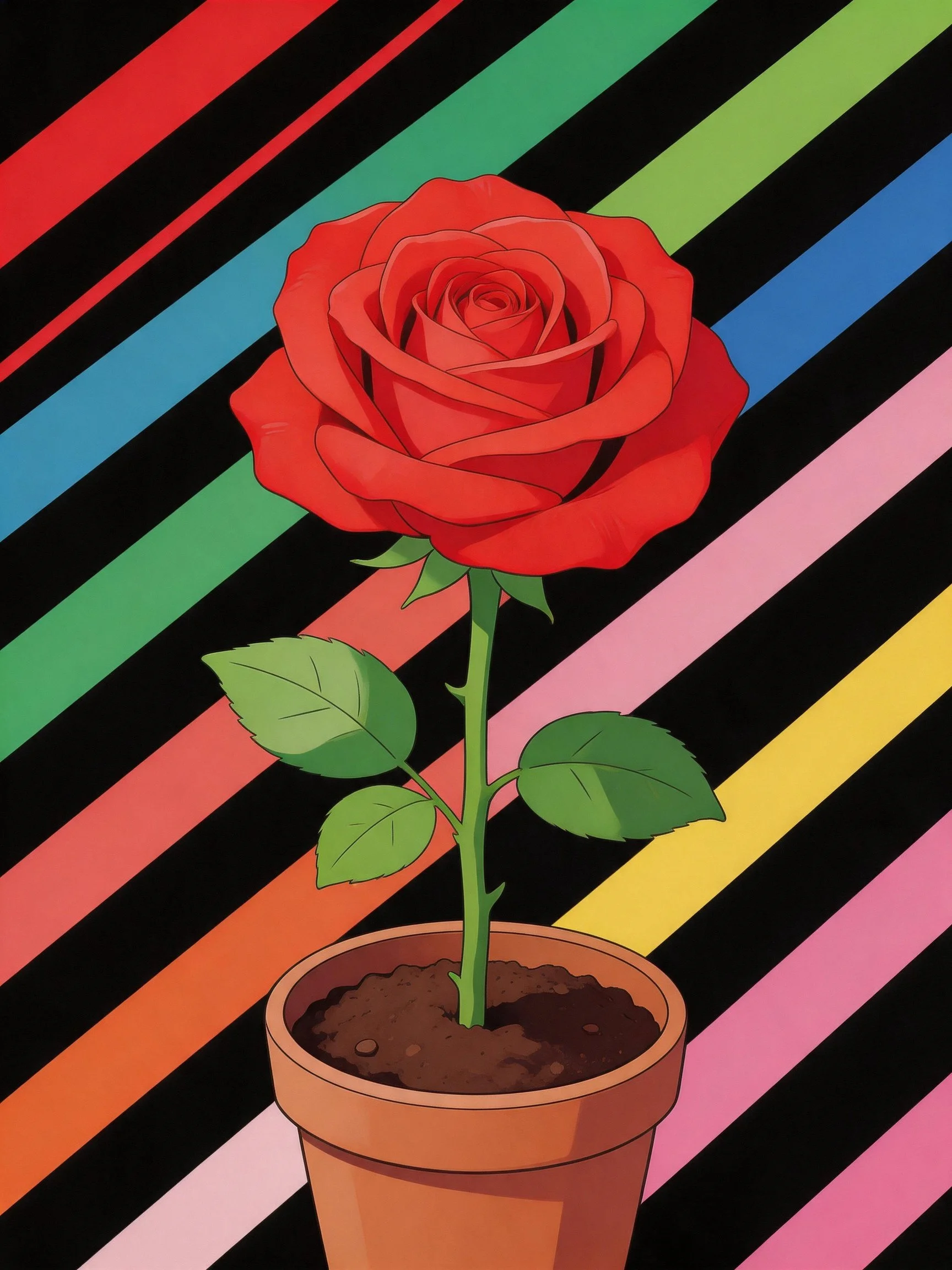 A vibrant red rose in a terracotta pot with bold multicolor diagonal stripes