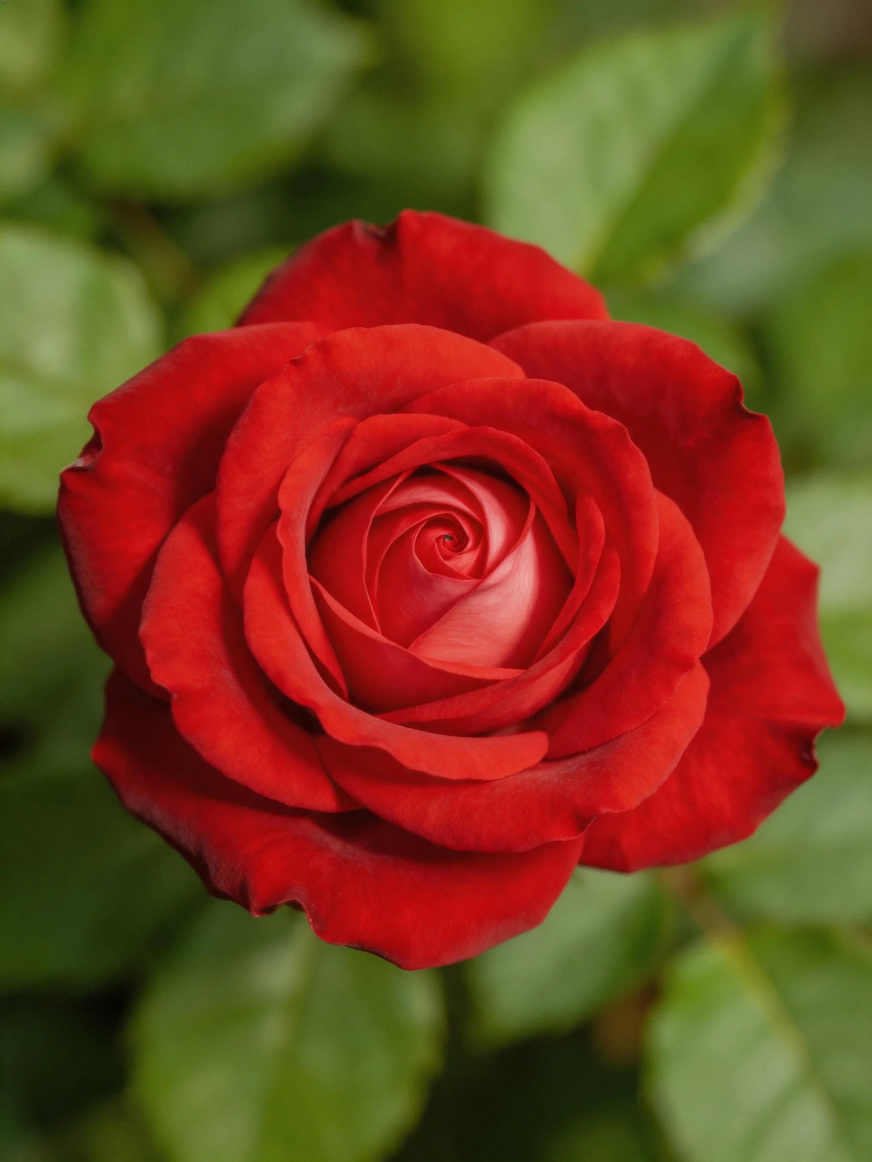 A vibrant red rose in close - up view with green leaves