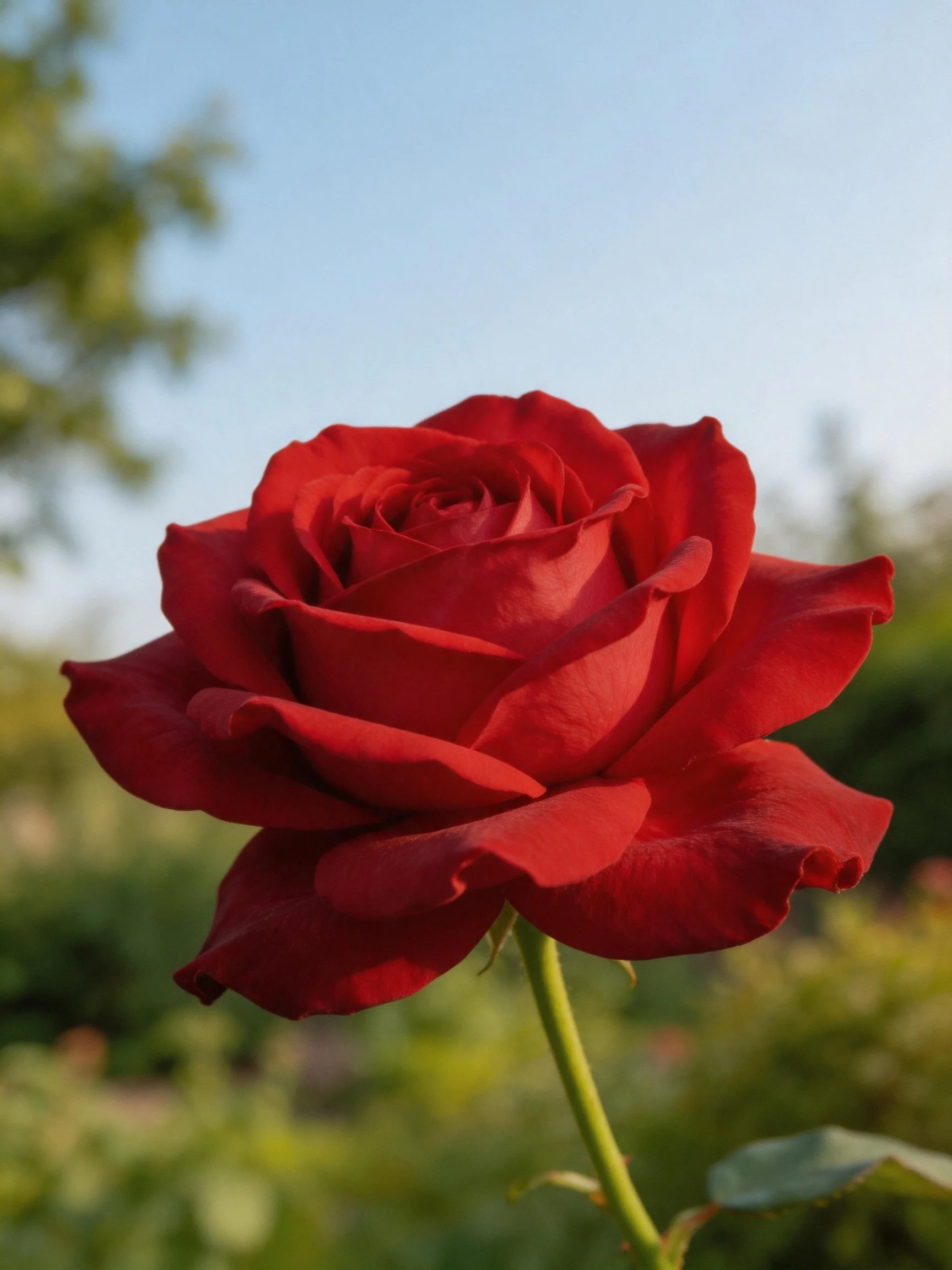 A vibrant red rose in focus with blurred green backdrop