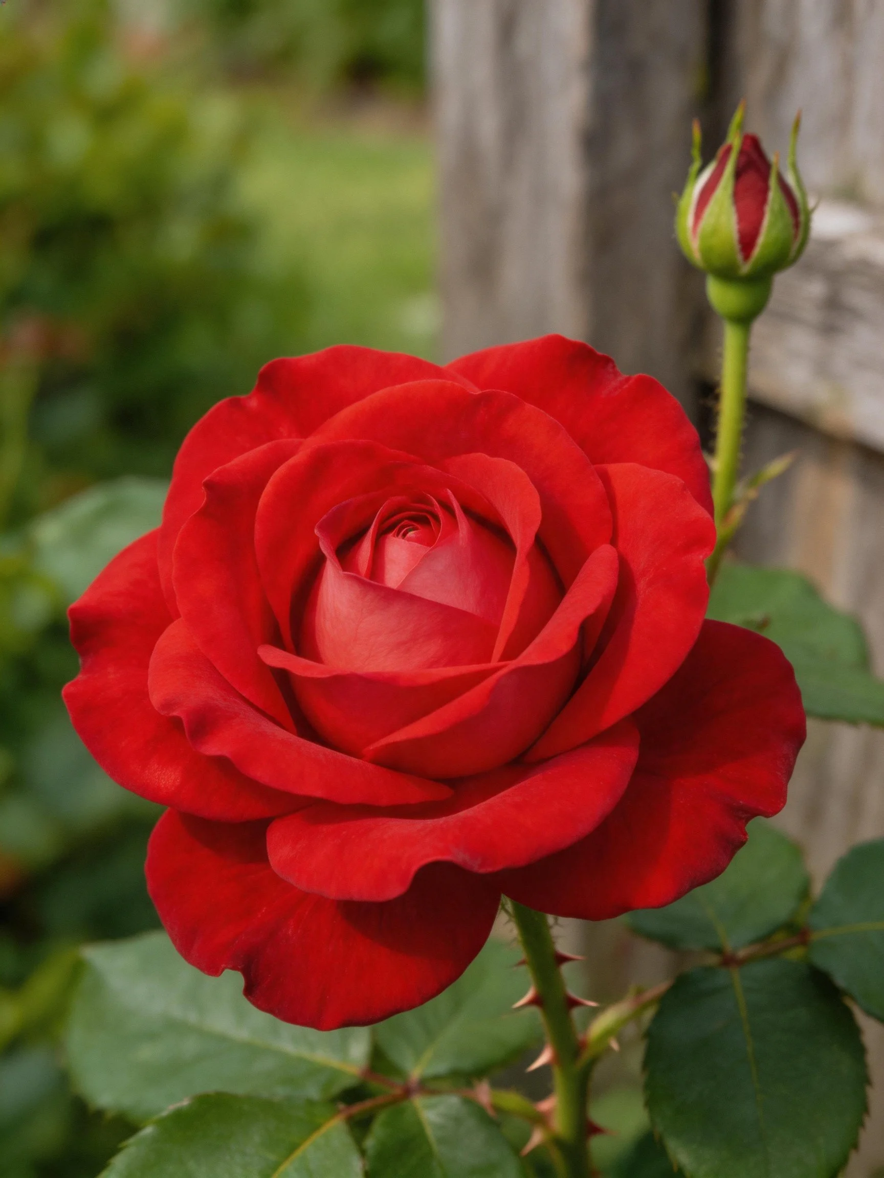 A vibrant red rose in full bloom beside a closed rosebud