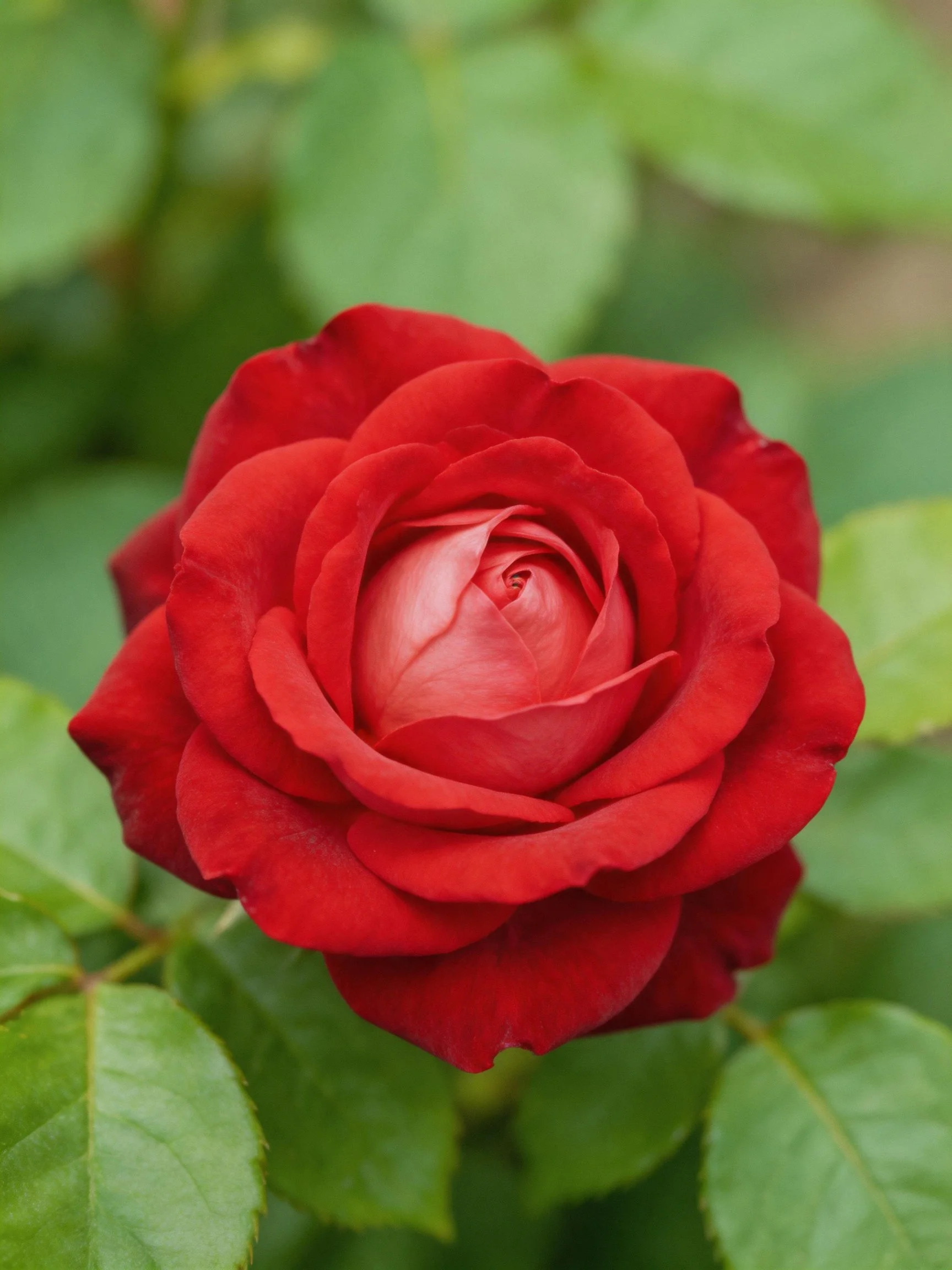 A vibrant red rose in full bloom surrounded by green leaves