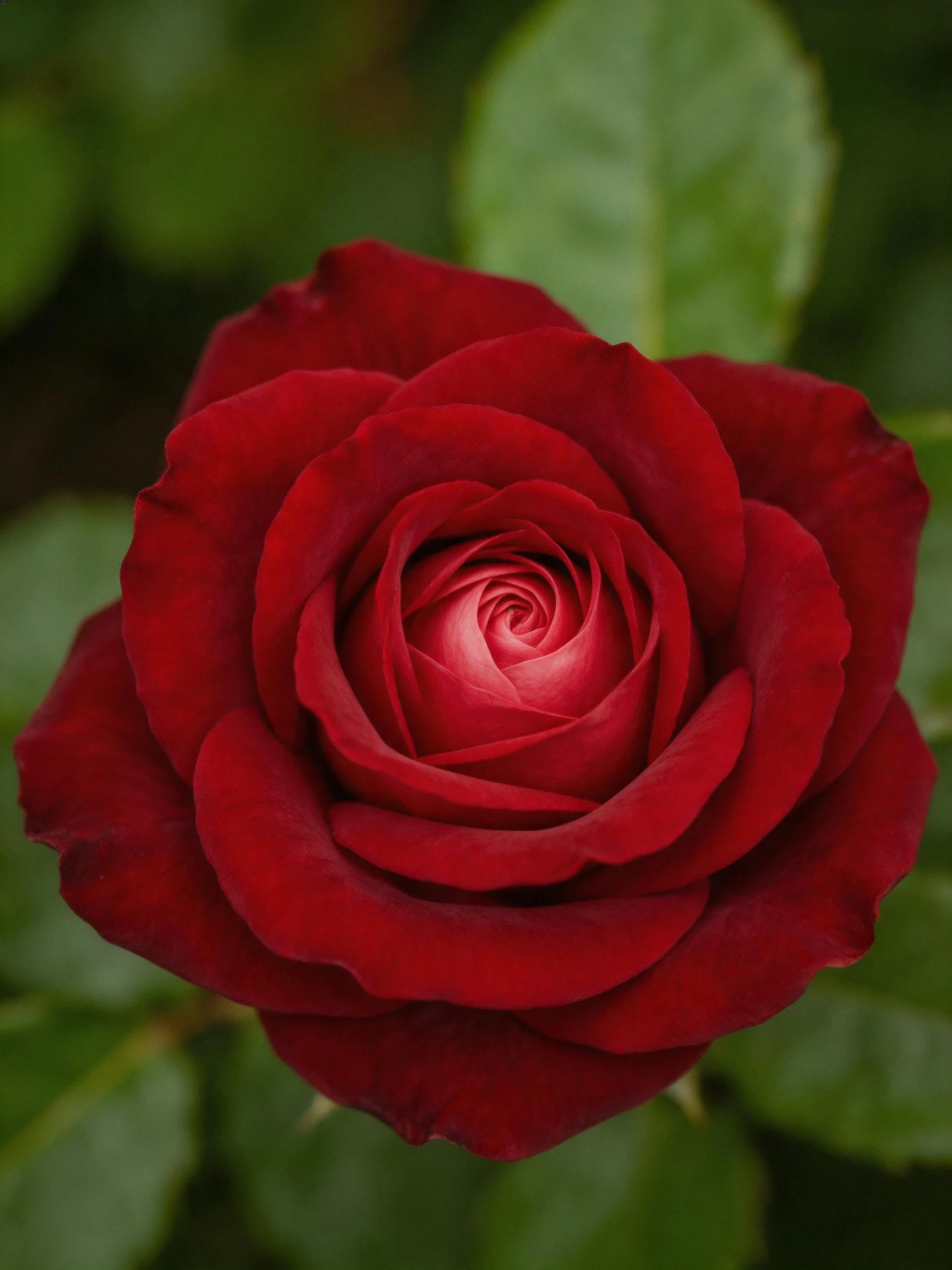 A vibrant red rose in full bloom with blurred green foliage
