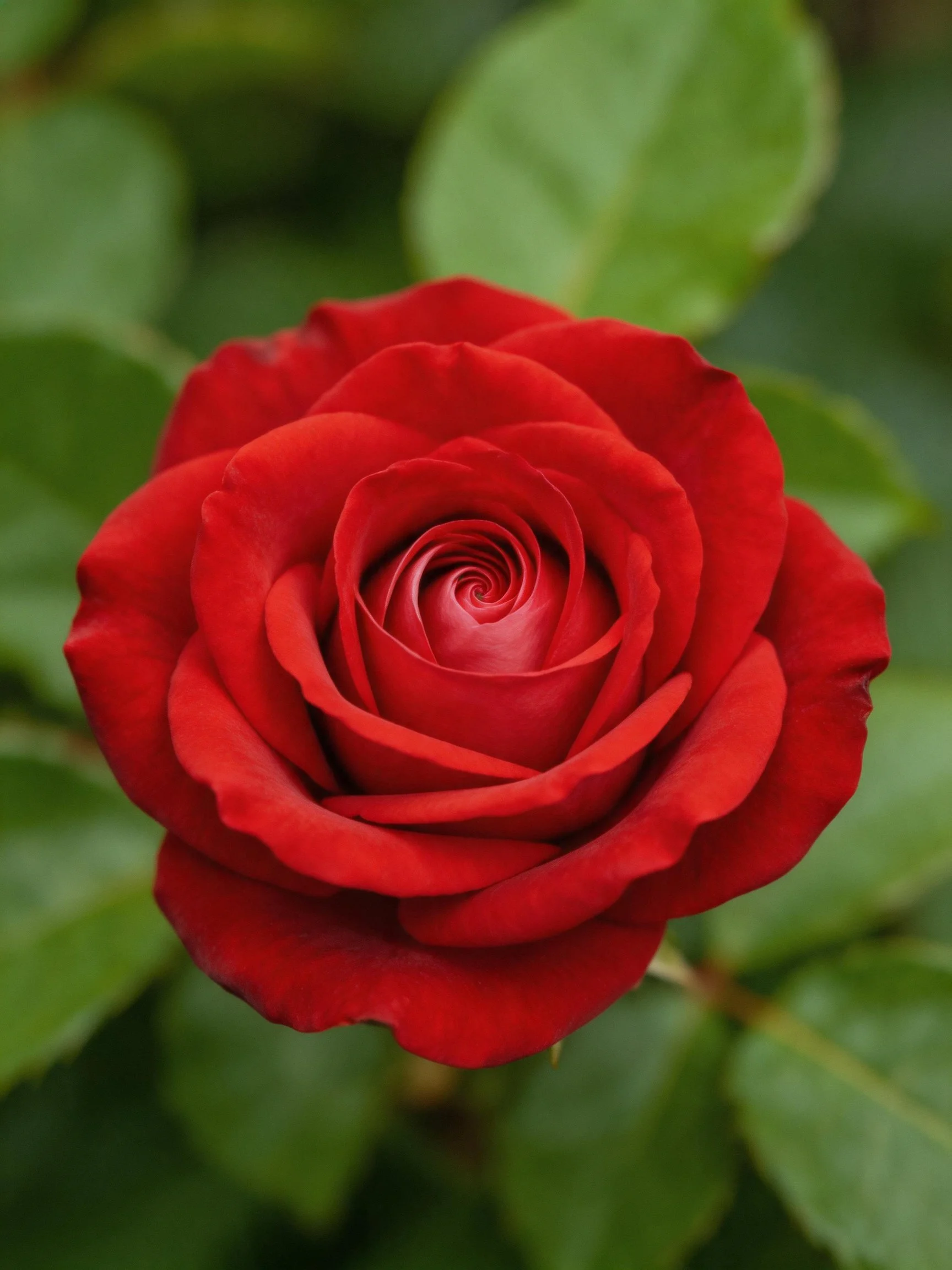 A vibrant red rose in full bloom with blurred green foliage