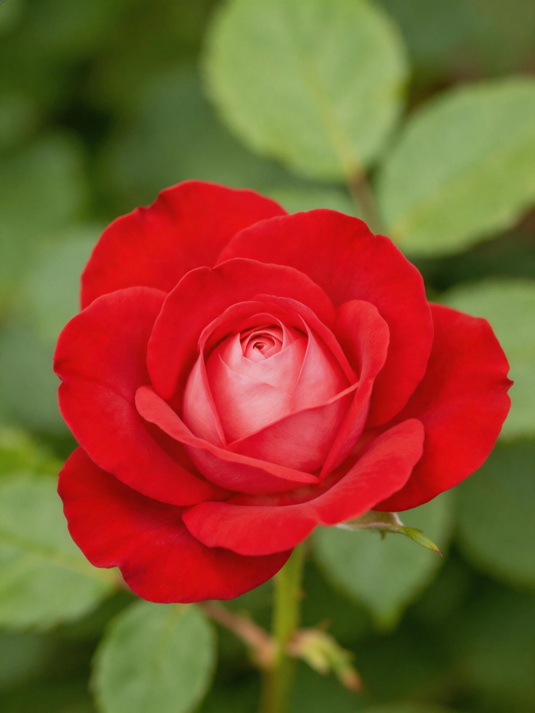A vibrant red rose in full bloom with blurred green foliage