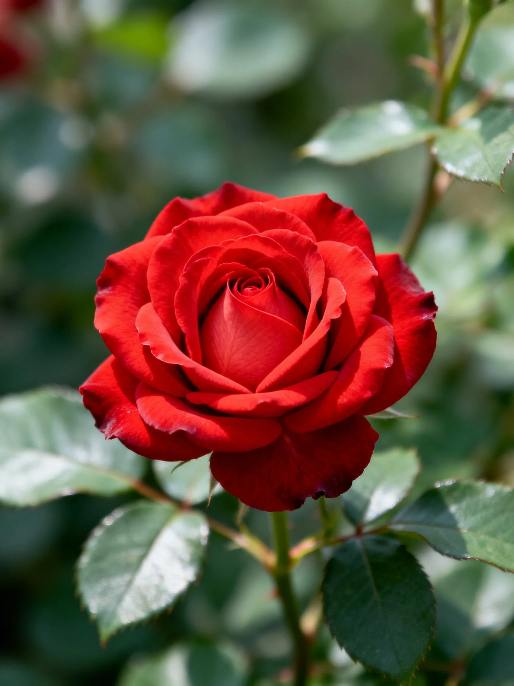 A vibrant red rose in full bloom with glossy green leaves