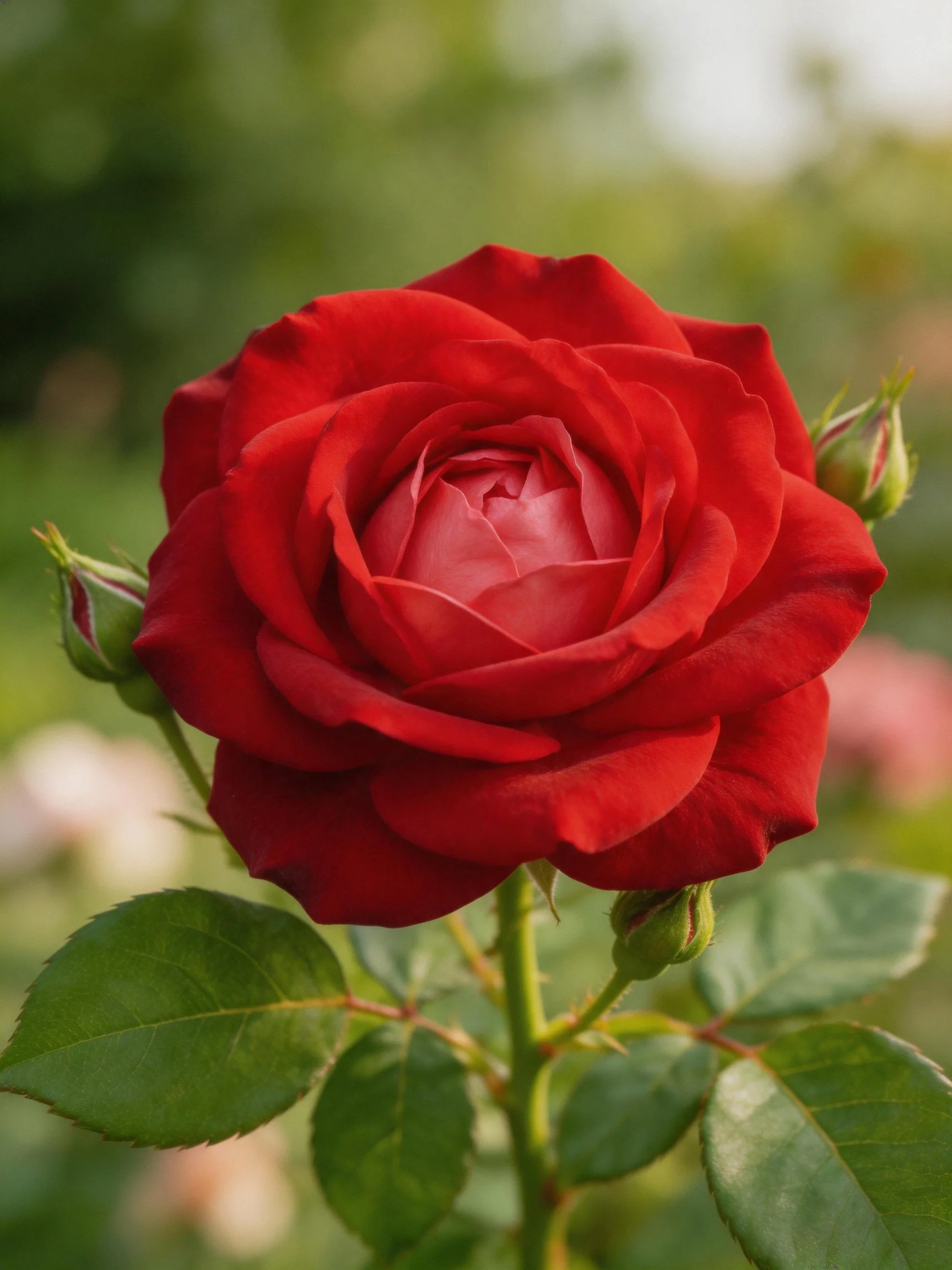 A vibrant red rose in full bloom with green buds and leaves