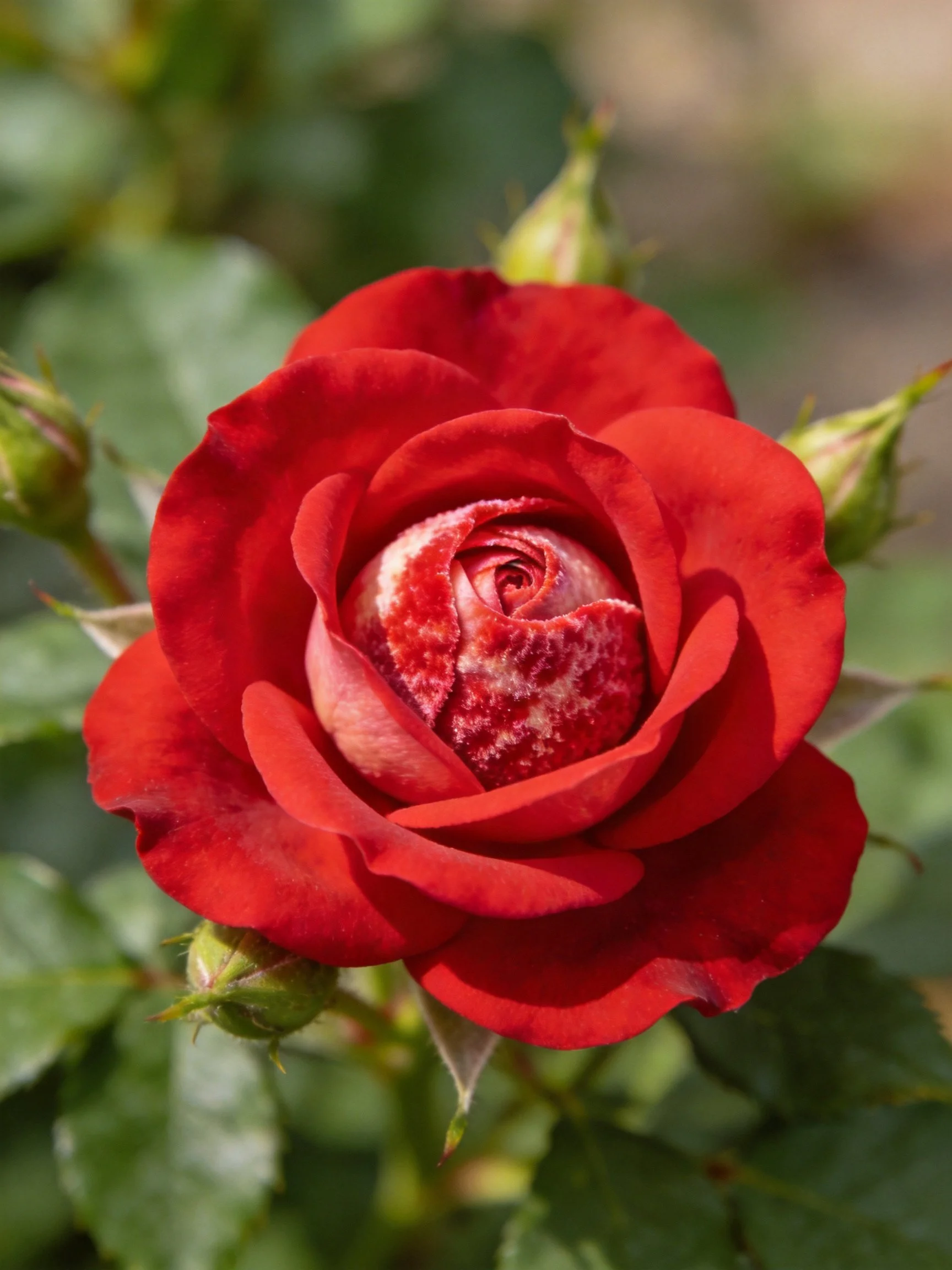 A vibrant red rose in full bloom with green buds nearby