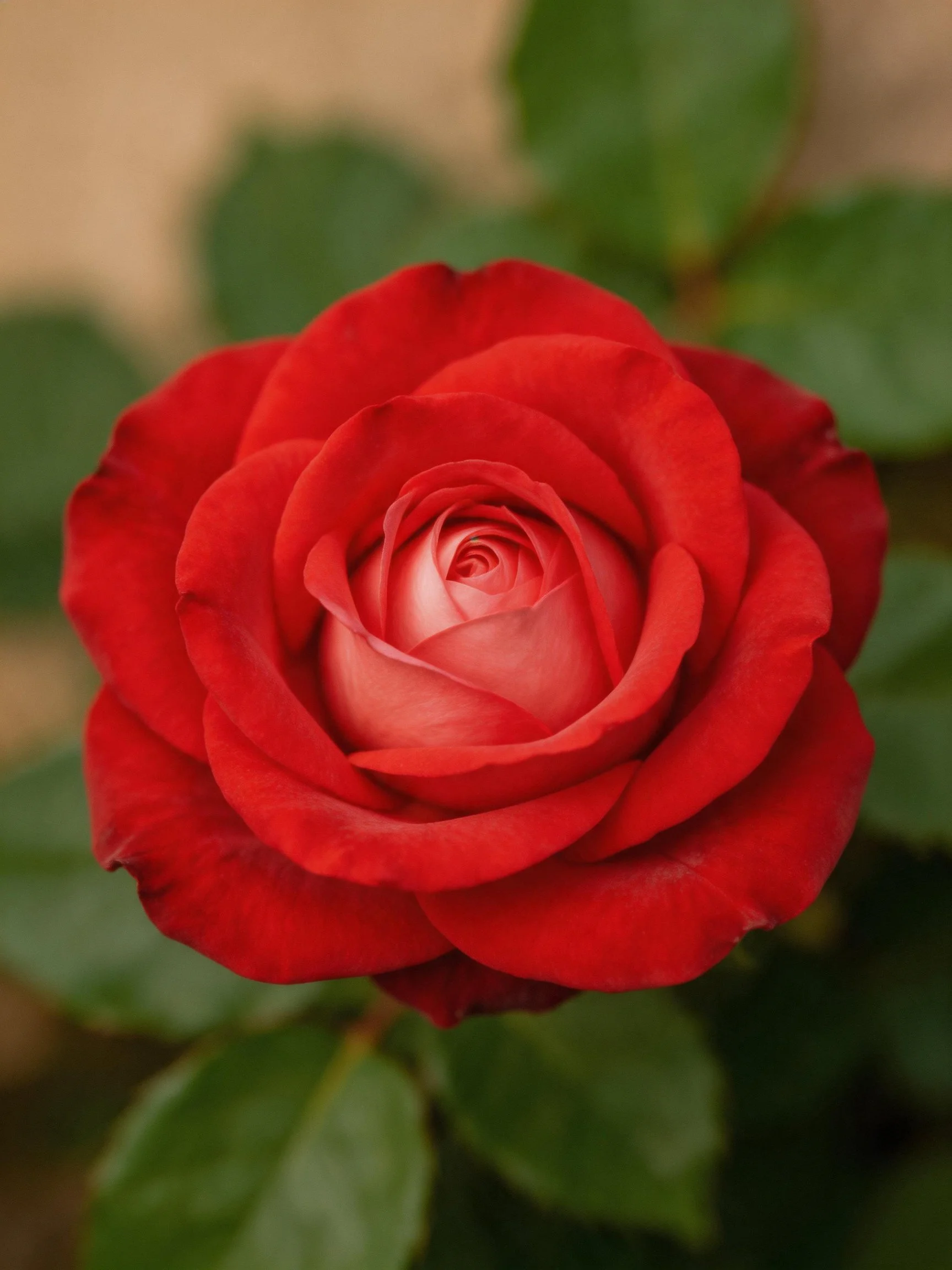 A vibrant red rose in full bloom with green foliage