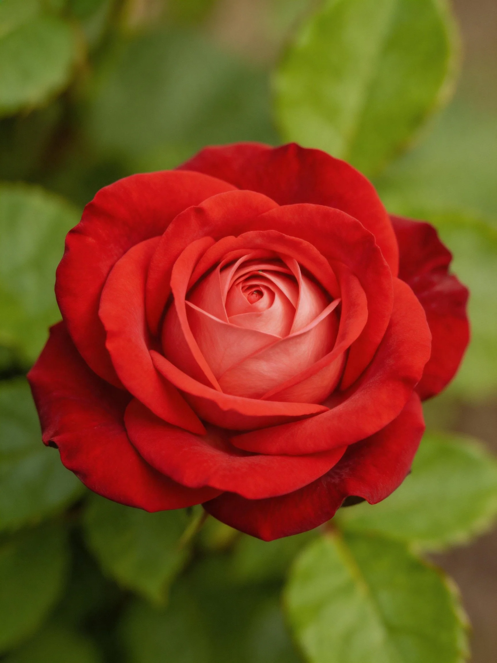 A vibrant red rose in full bloom with green foliage
