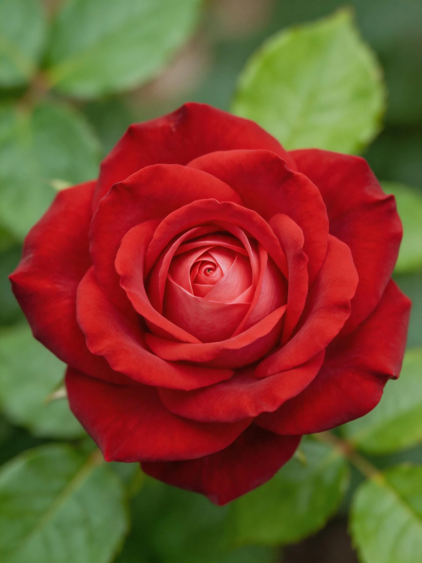 A vibrant red rose in full bloom with green foliage