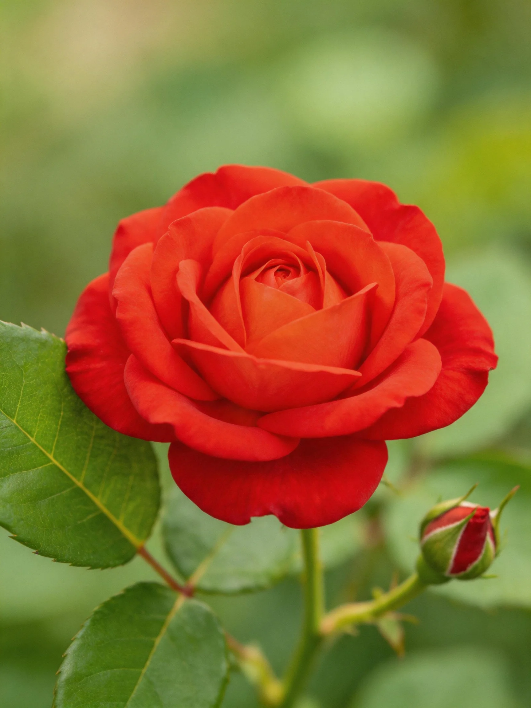 A vibrant red rose in full bloom with green foliage