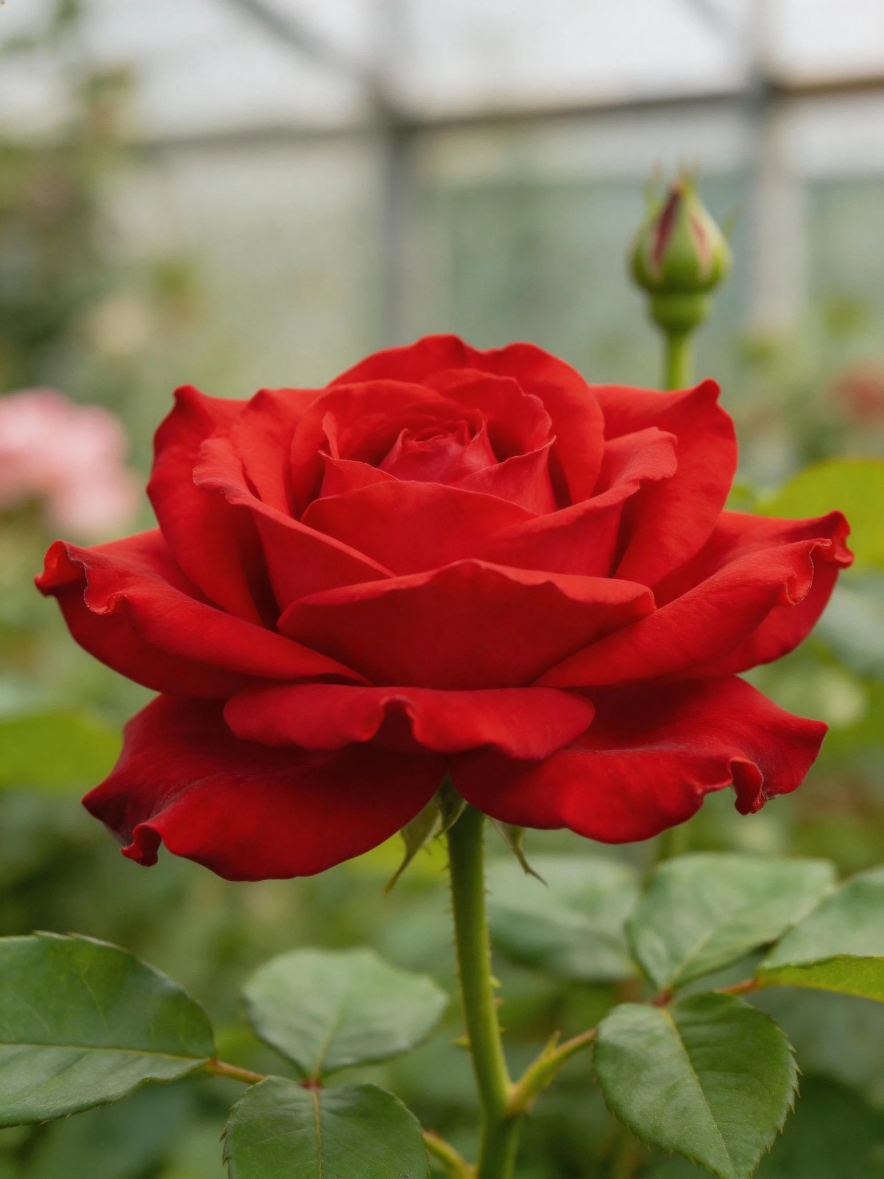 A vibrant red rose in full bloom with green foliage and bud