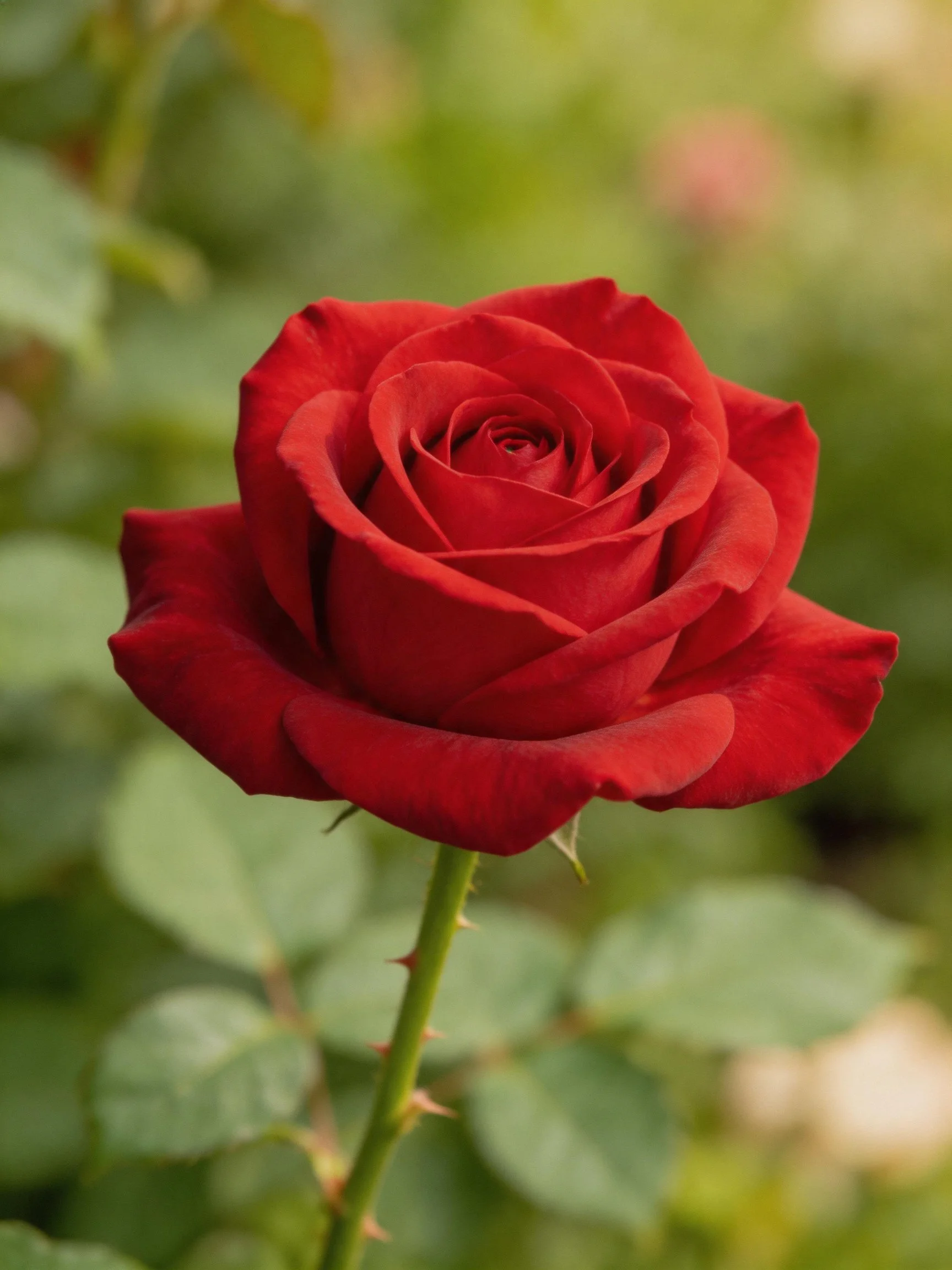 A vibrant red rose in full bloom with green foliage backdrop