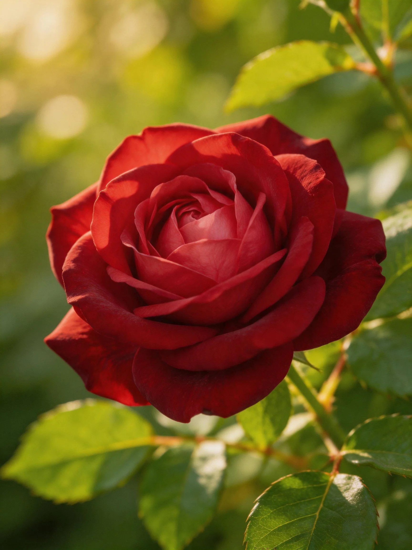 A vibrant red rose in full bloom with green foliage