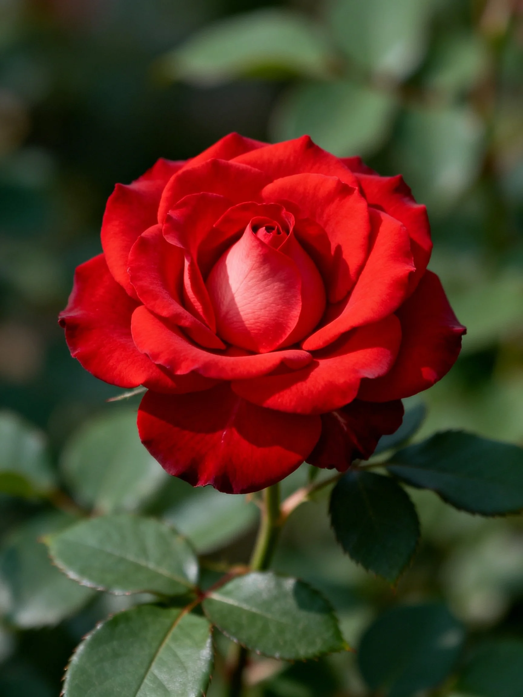 A vibrant red rose in full bloom with green foliage
