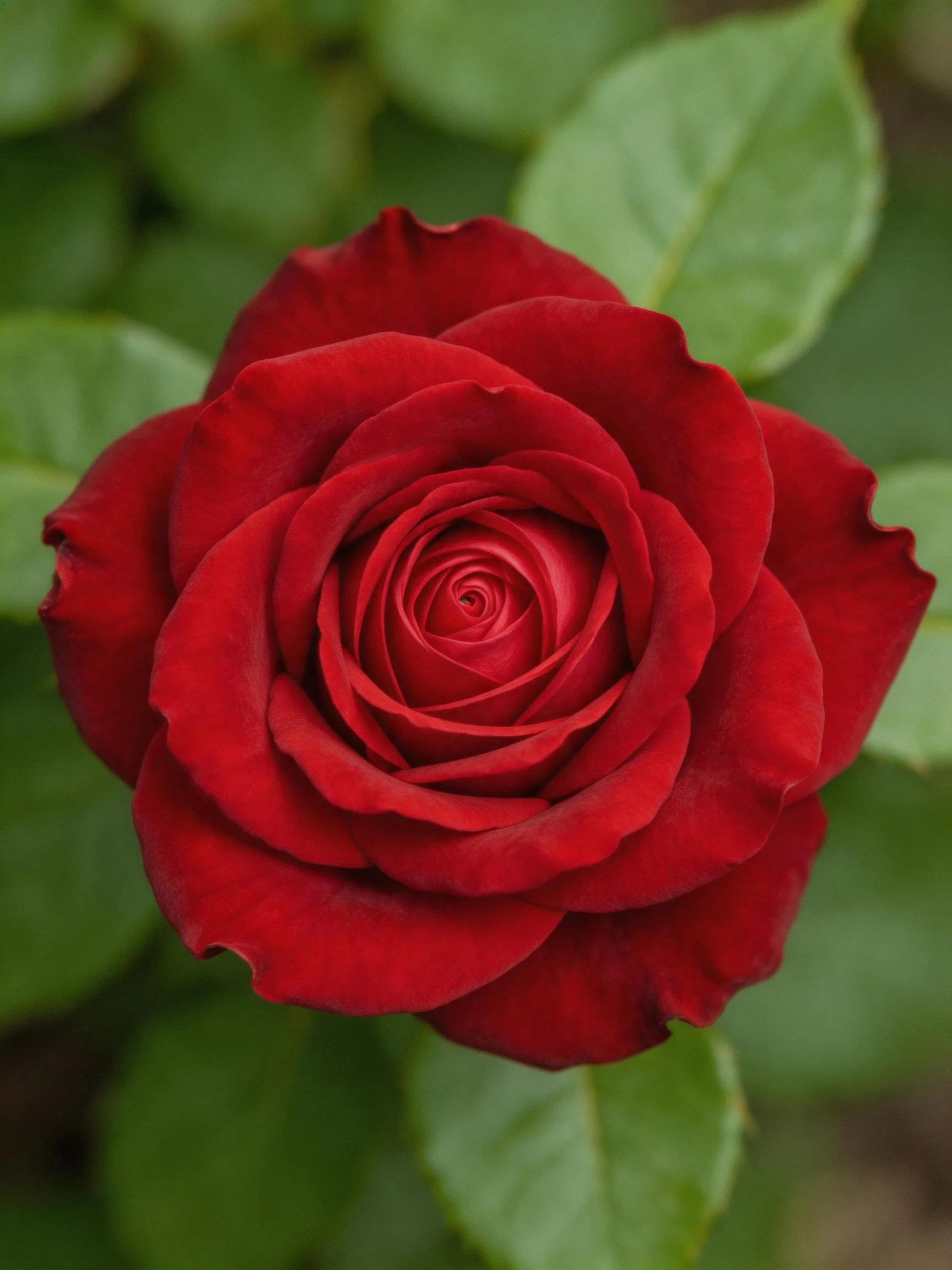 A vibrant red rose in full bloom with green foliage