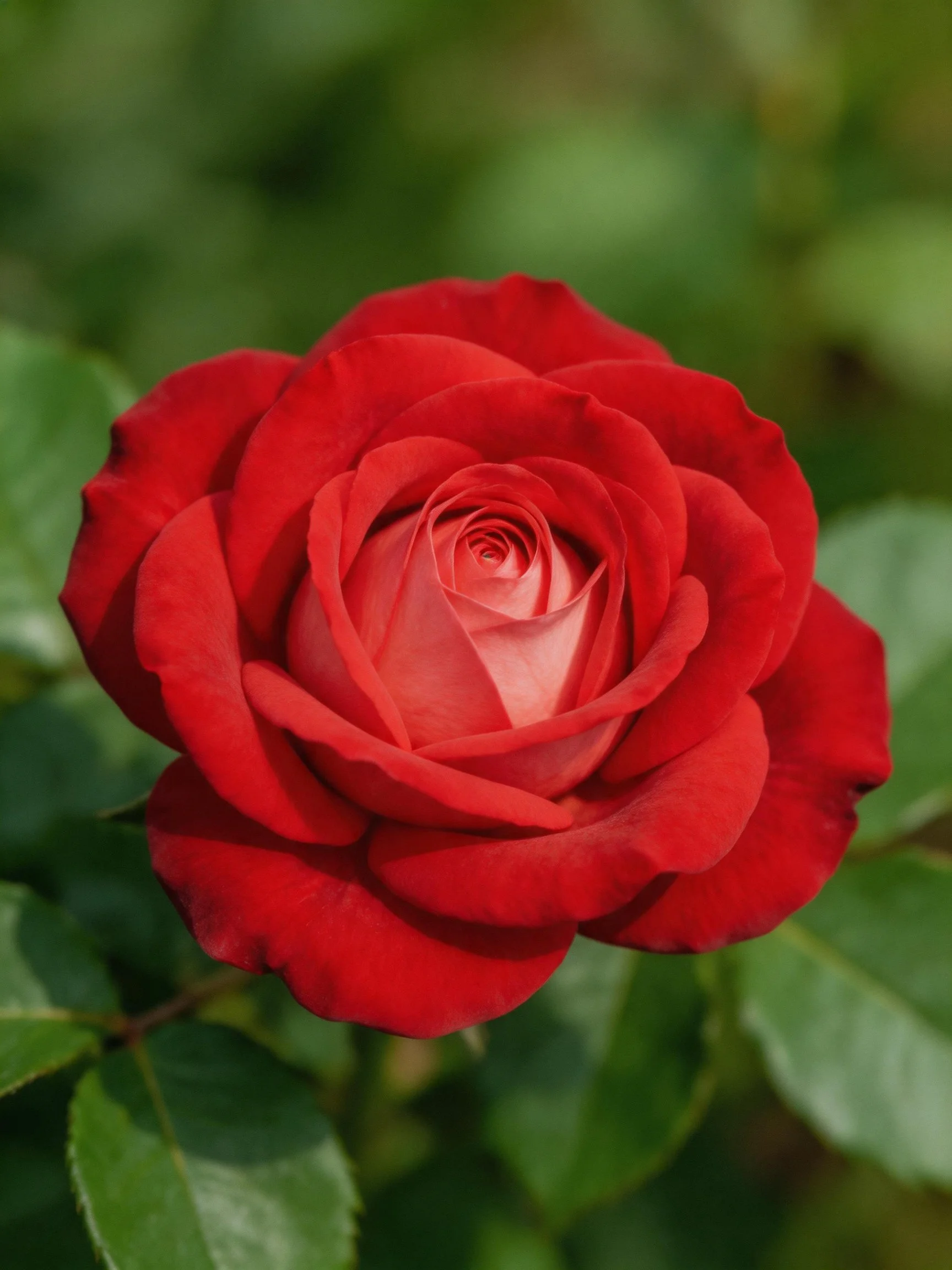 A vibrant red rose in full bloom with green foliage