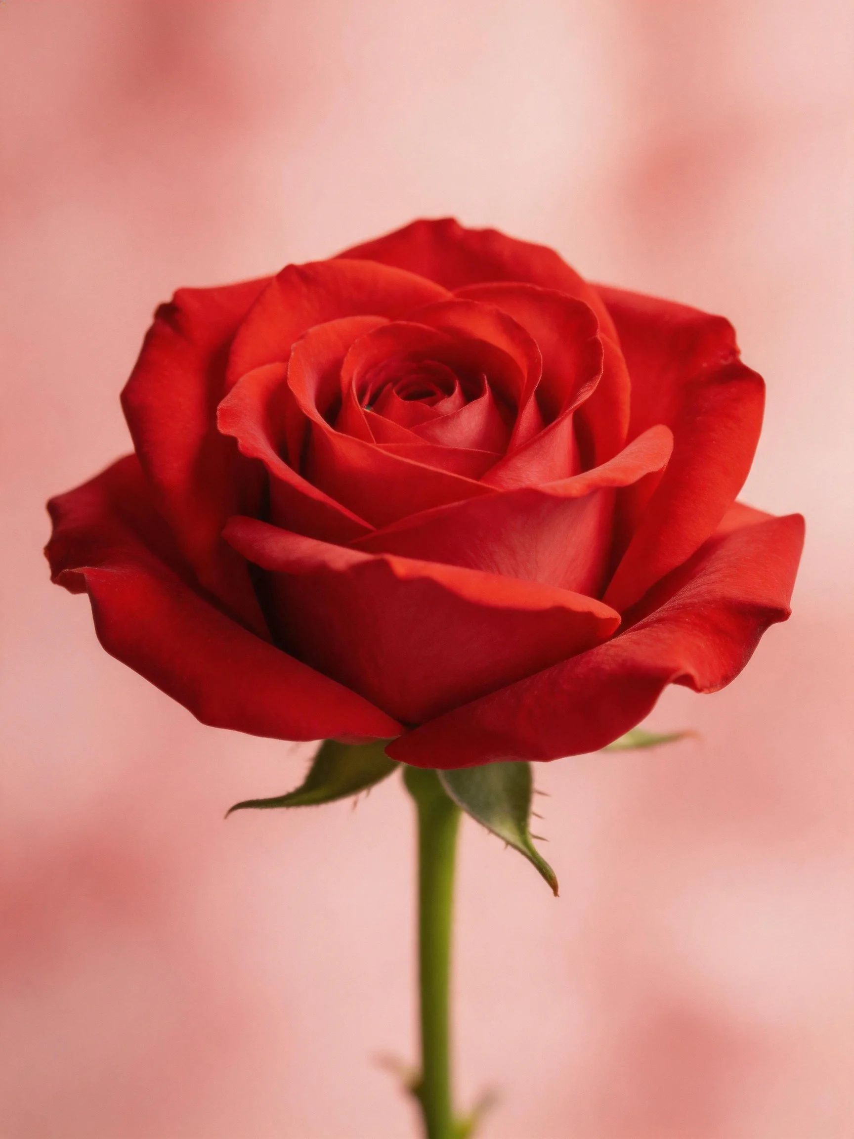A vibrant red rose in full bloom with green stem and leaves
