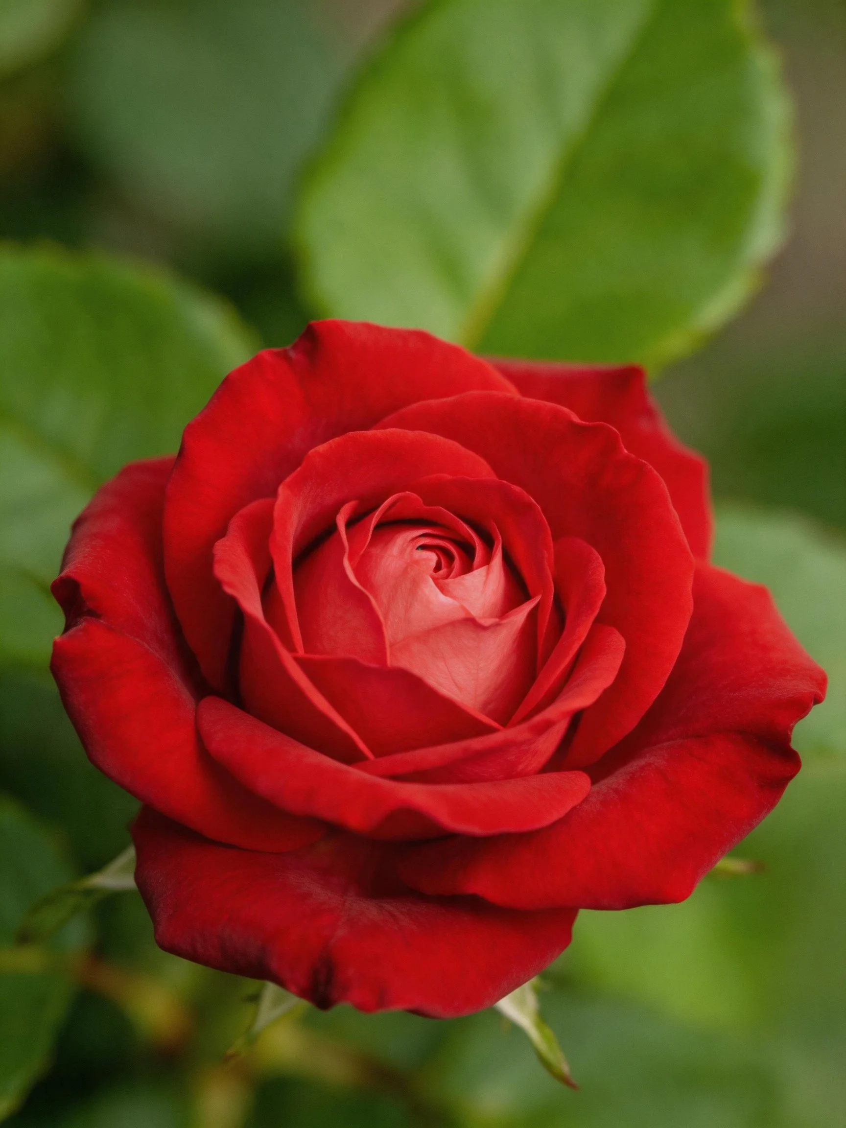A vibrant red rose in full bloom with large green leaves