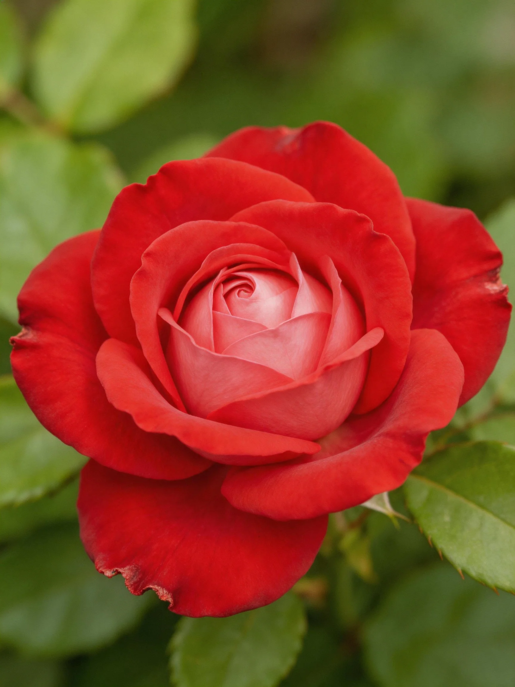 A vibrant red rose in full bloom with lush green foliage
