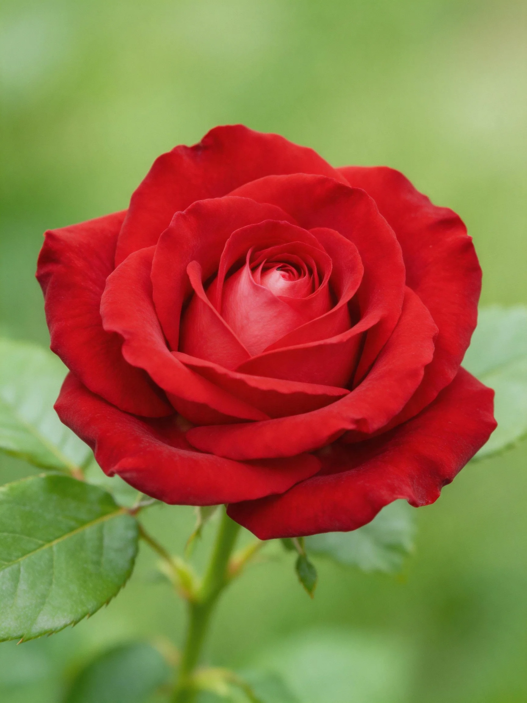 A vibrant red rose in full bloom with lush green foliage