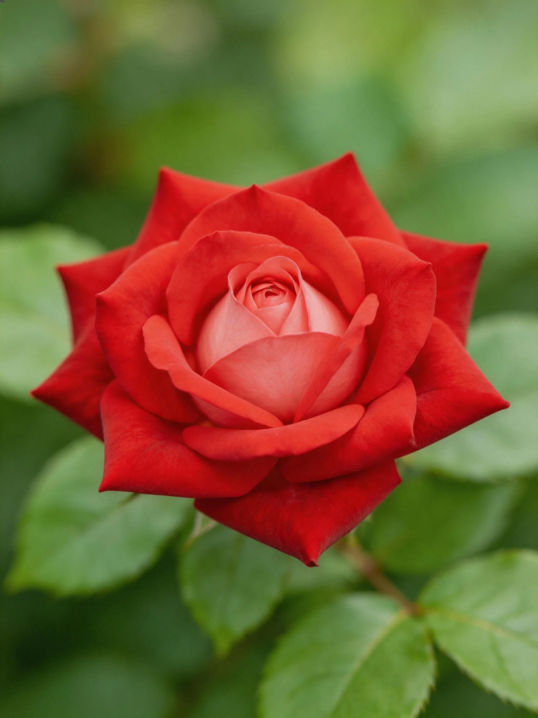 A vibrant red rose in full bloom with lush green leaves