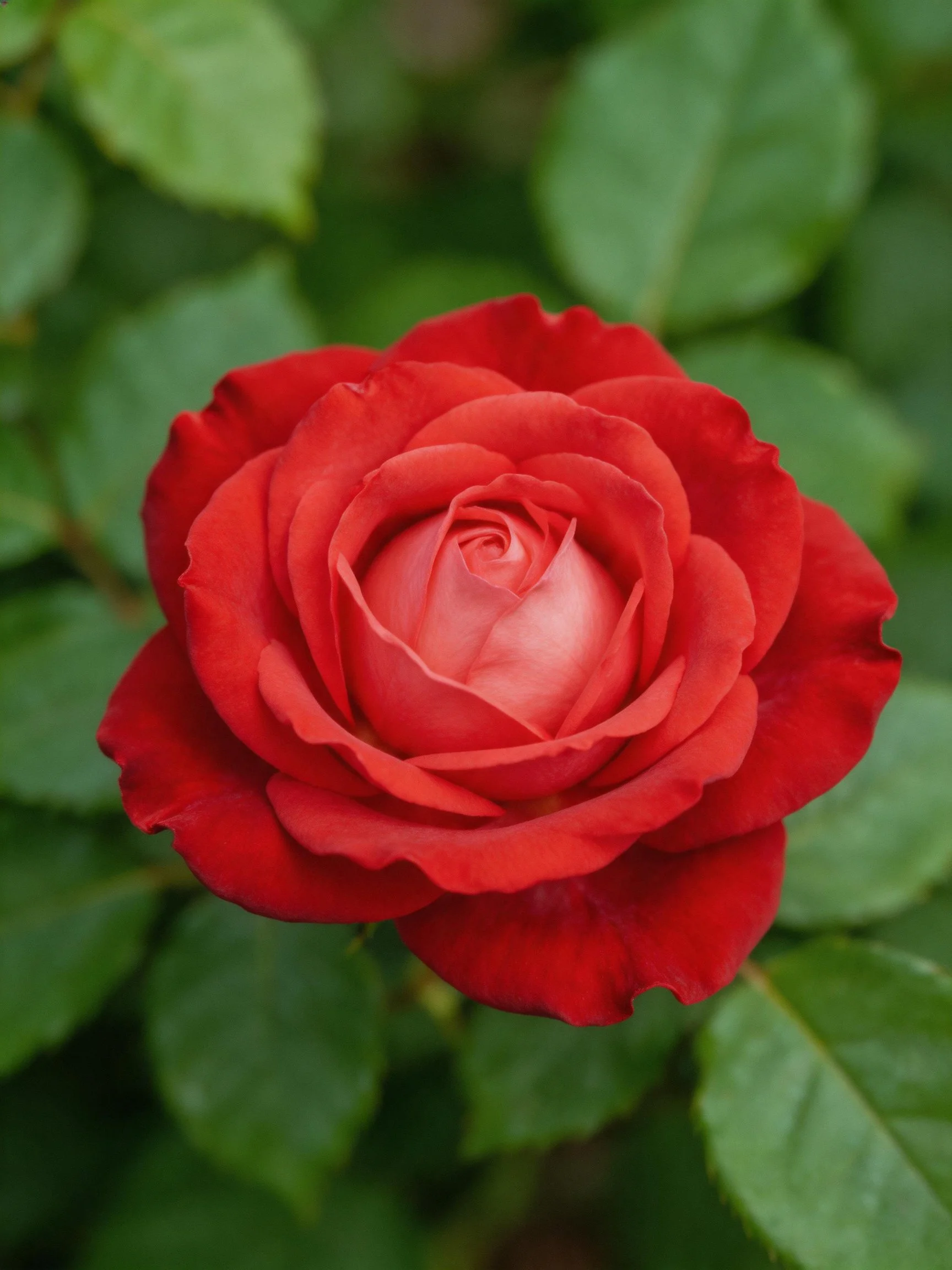 A vibrant red rose in full bloom with lush green leaves