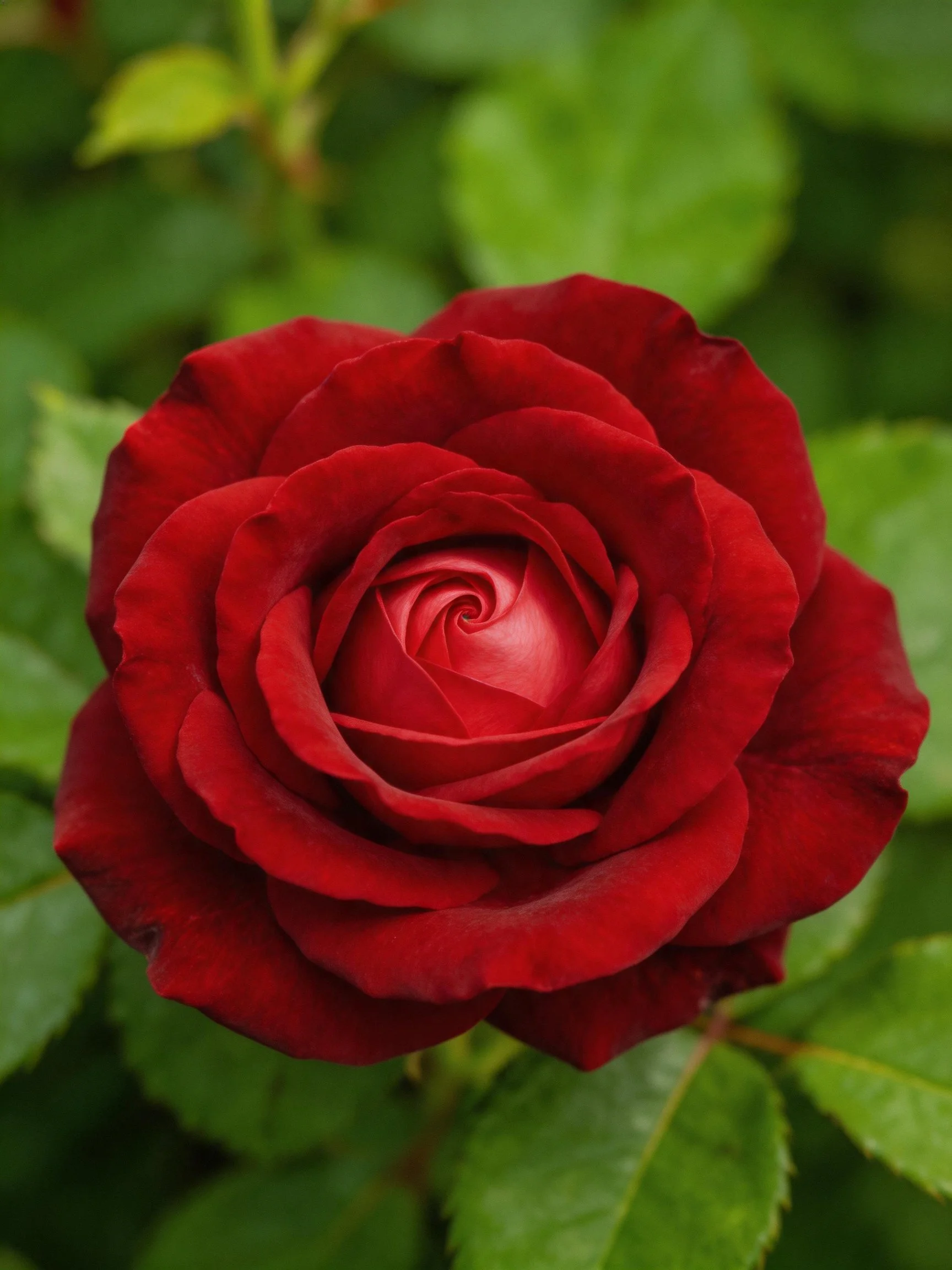 A vibrant red rose in full bloom with lush green leaves