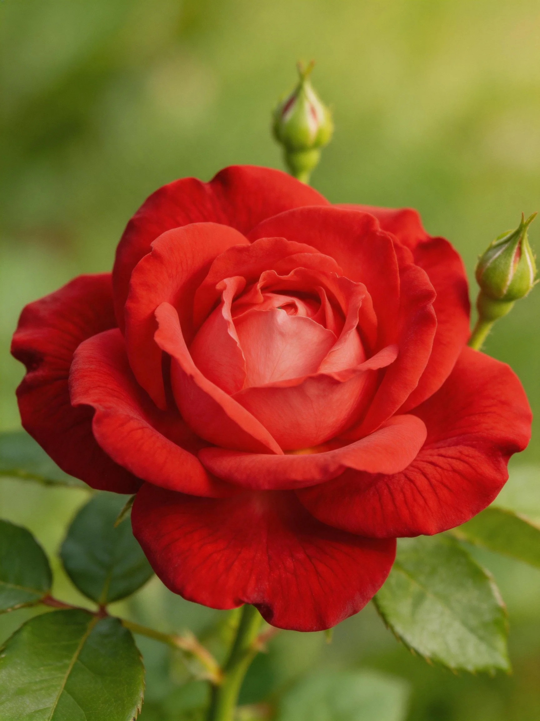 A vibrant red rose in full bloom with two unopened buds