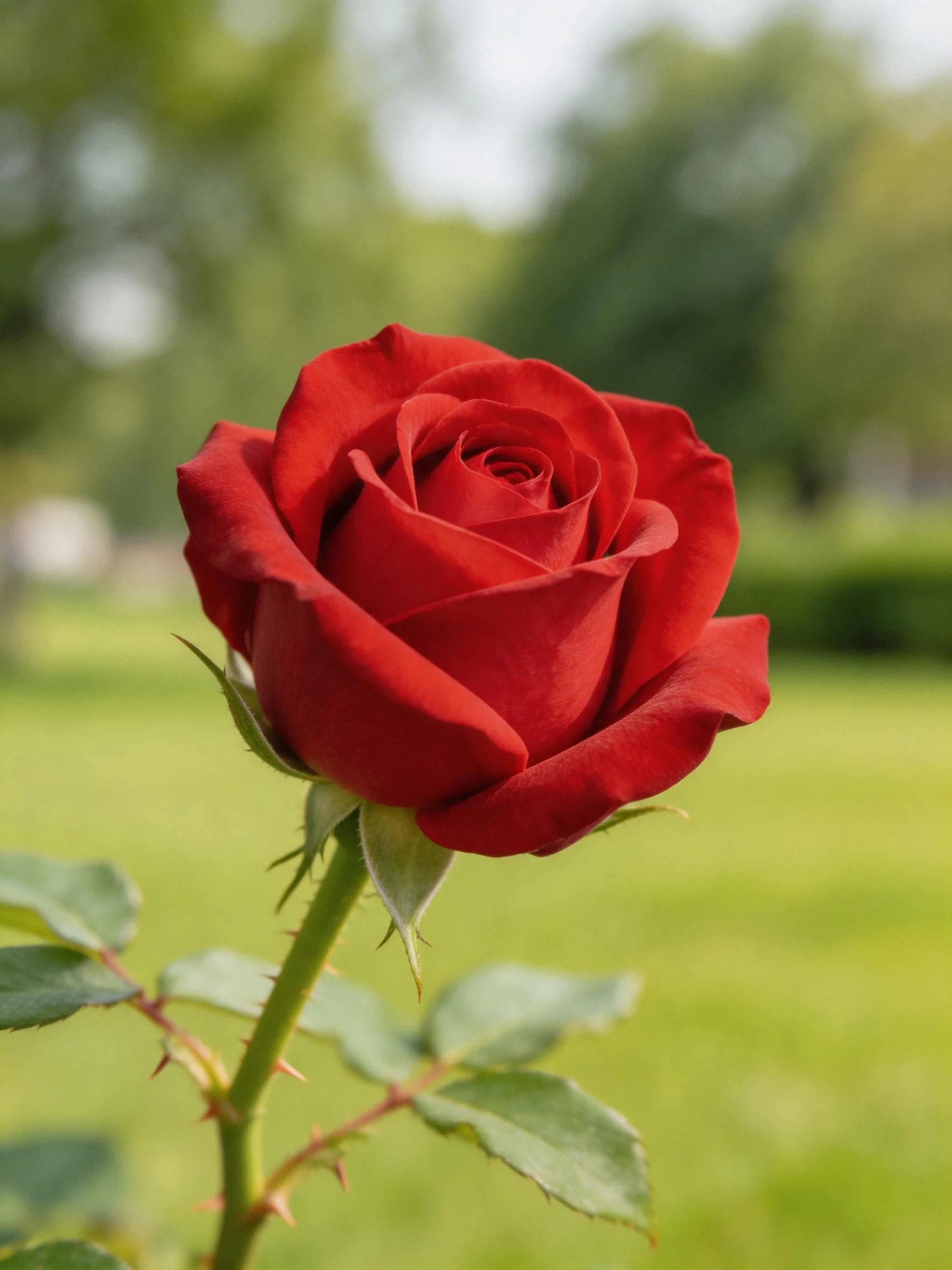 A vibrant red rose in sharp focus against a blurred green park