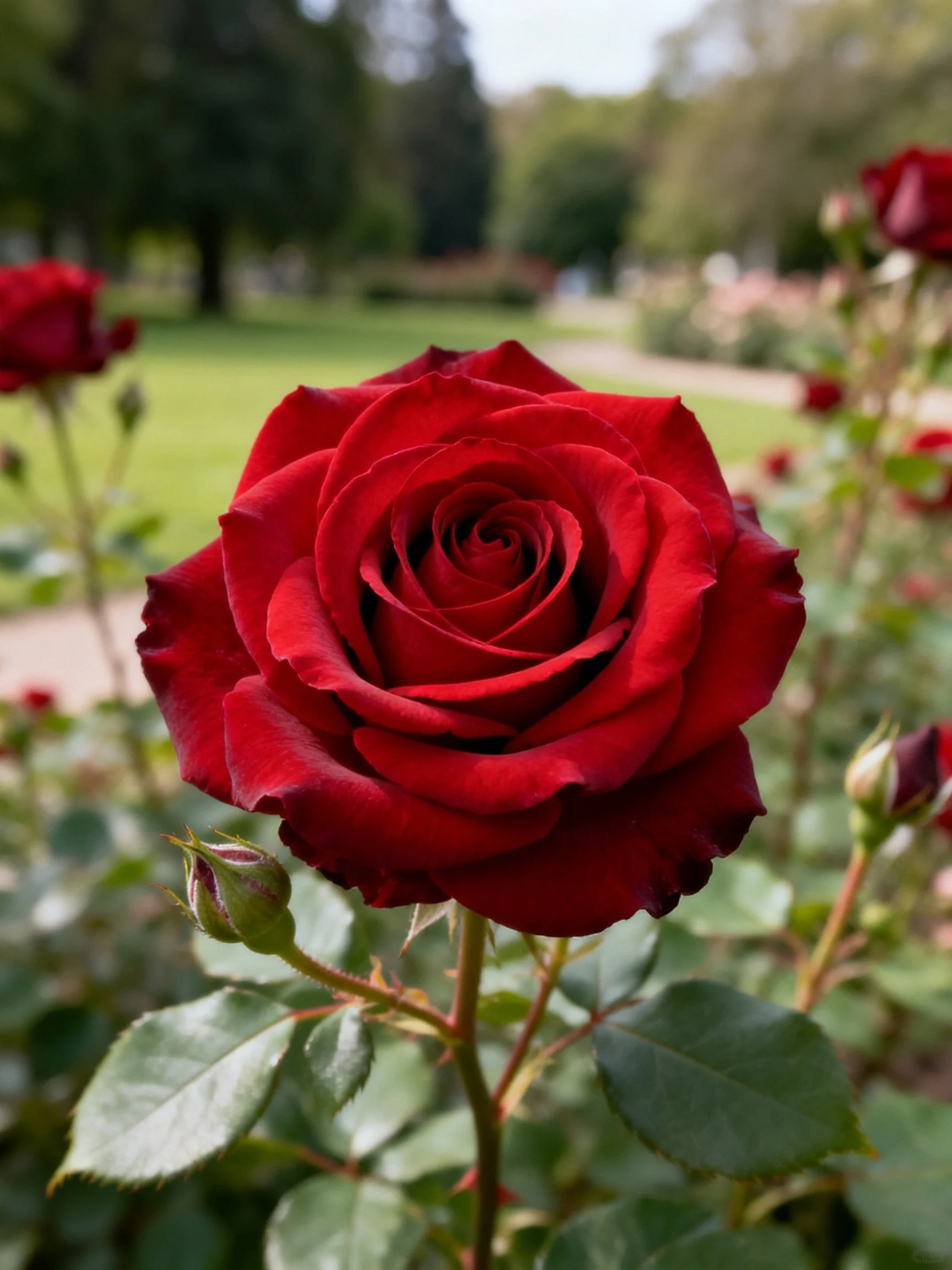 A vibrant red rose in sharp focus among green foliage