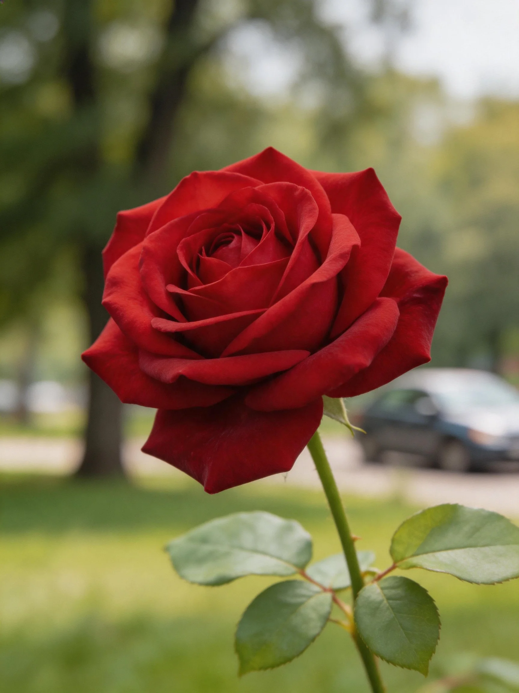 A vibrant red rose in sharp focus with blurred greenery and a car