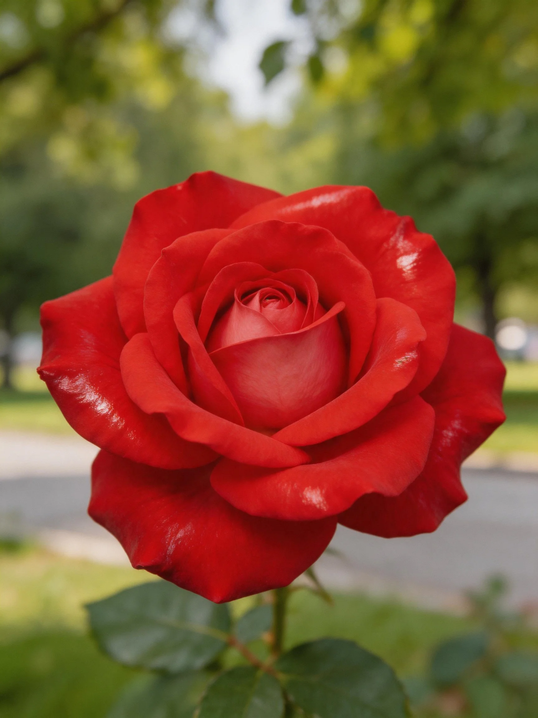 A vibrant red rose in sharp focus with blurred greenery