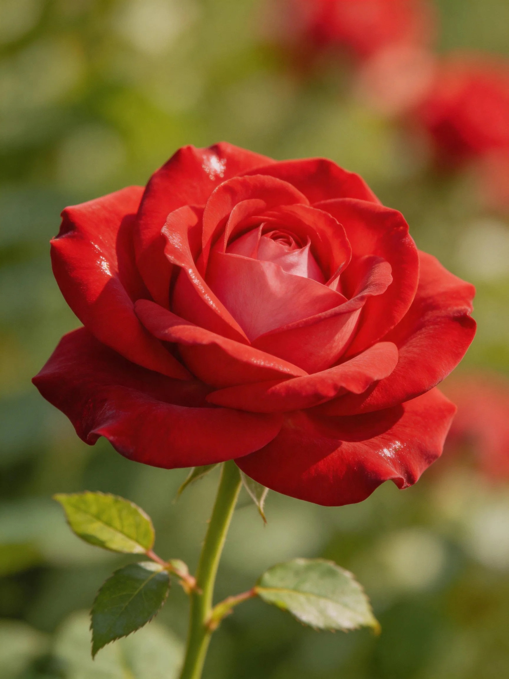 A vibrant red rose in sharp focus with green leaves