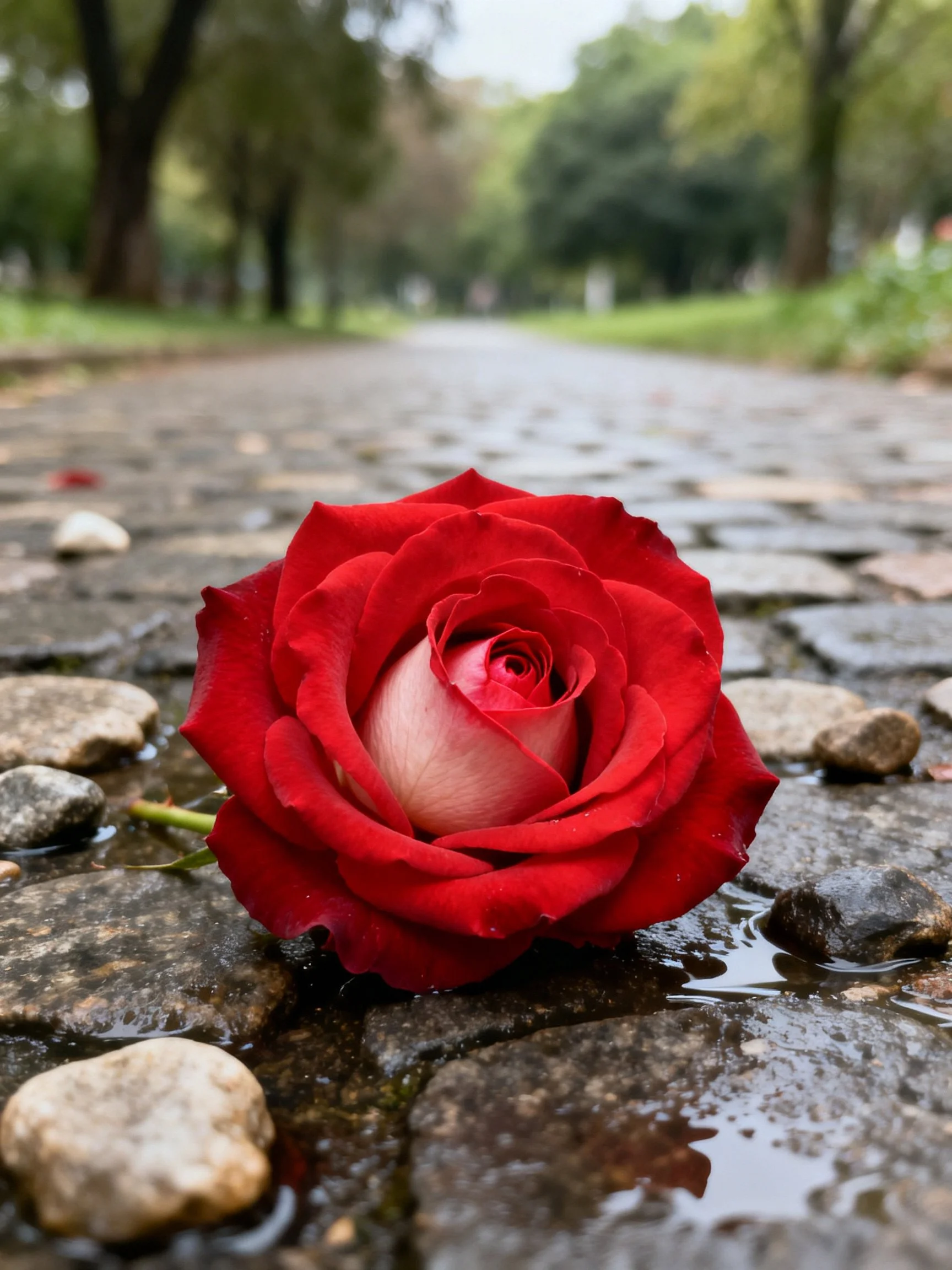 A vibrant red rose lies on a wet cobblestone path