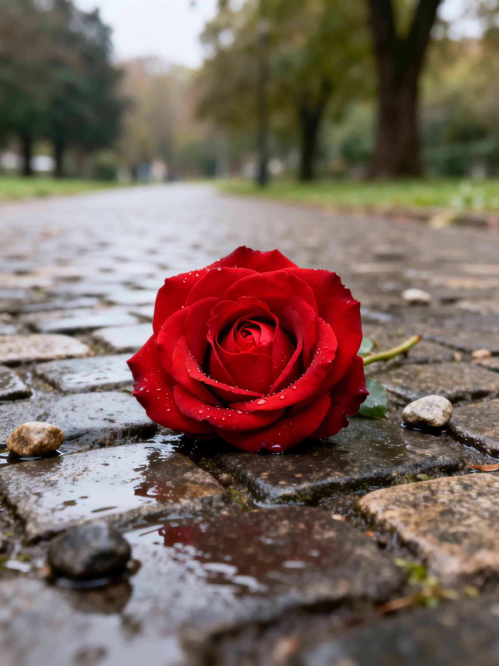 A vibrant red rose on a wet cobblestone path