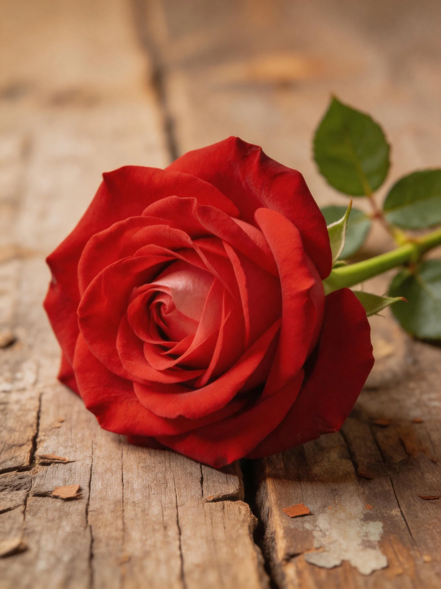 A vibrant red rose rests on aged wooden planks