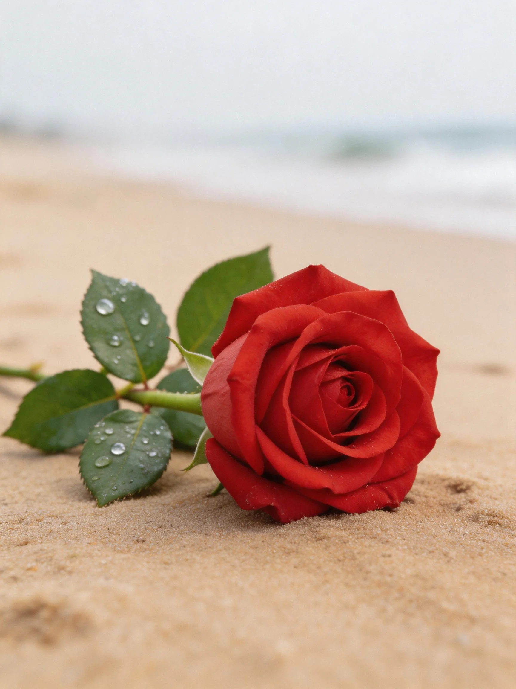 A vibrant red rose rests on sandy beach with dewy green leaves