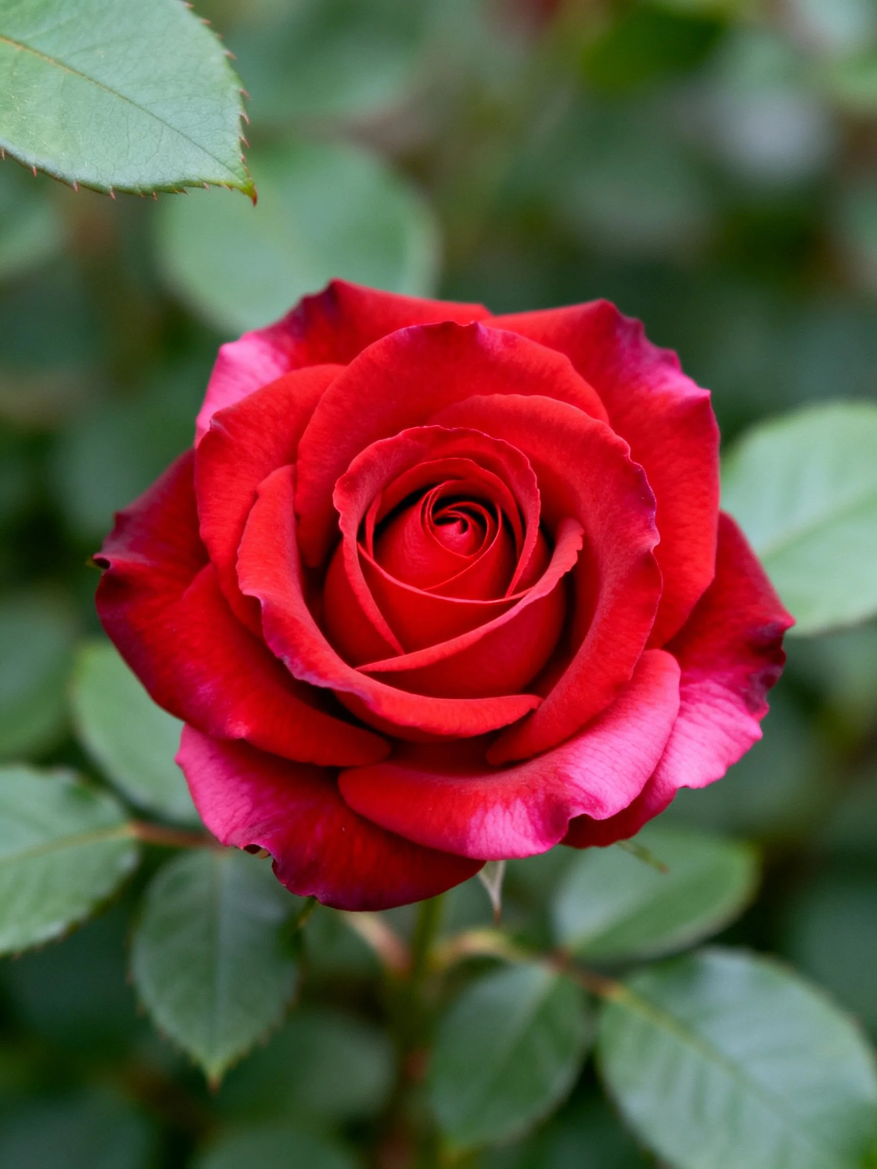 A vibrant red rose surrounded by lush green leaves