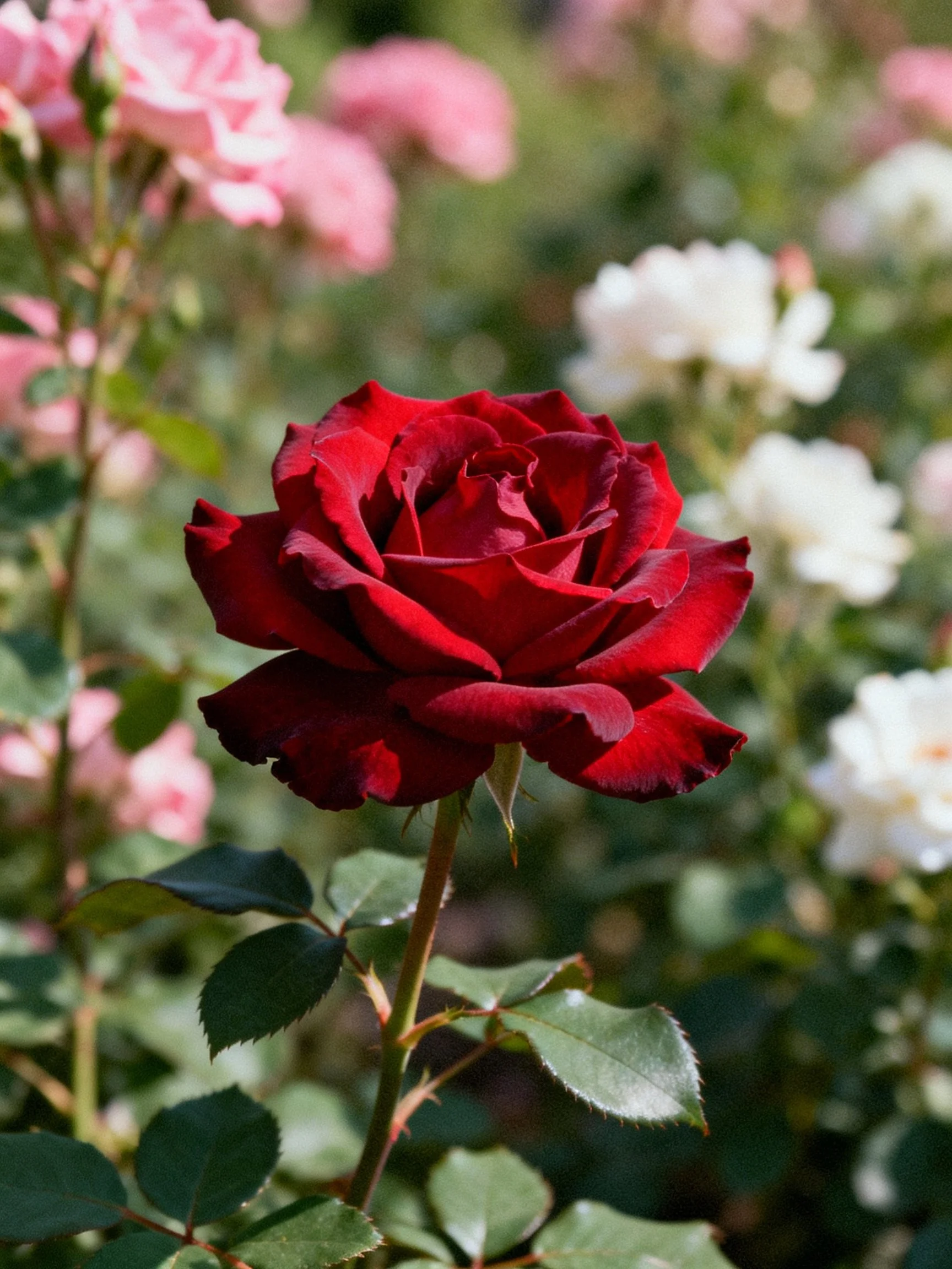 A vibrant red rose surrounded by pink and white flowers