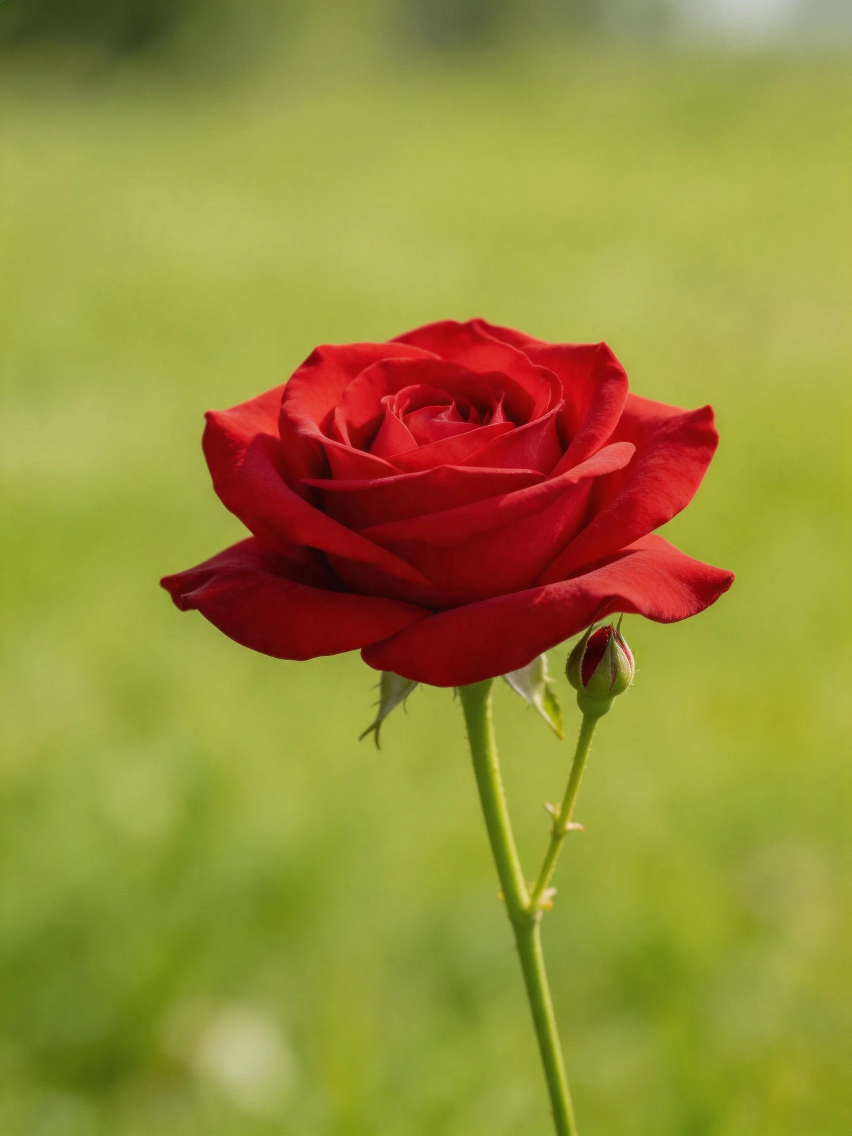 A vibrant red rose with a budding flower against a blurred green background