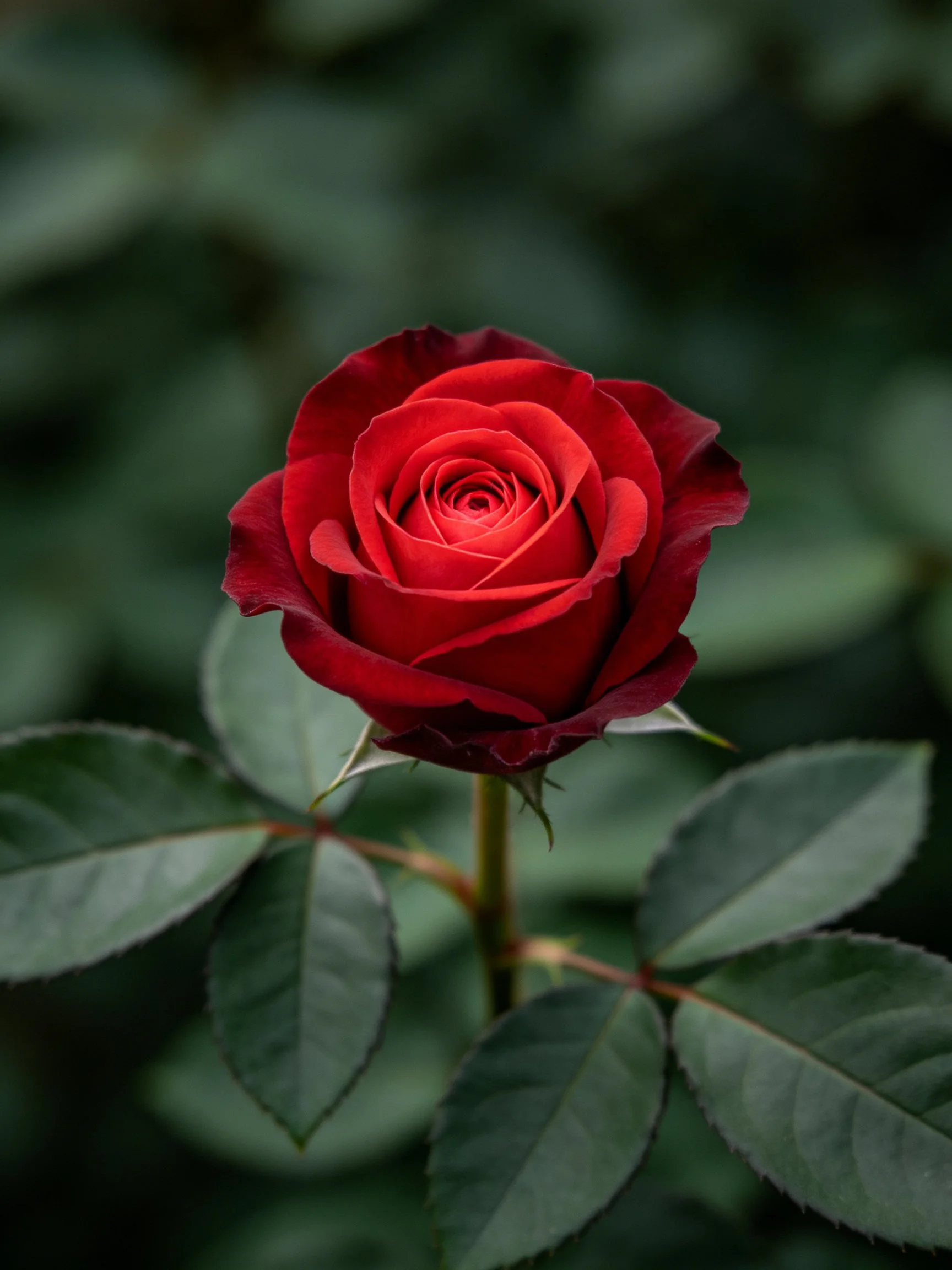 A vibrant red rose with dark green foliage in soft focus