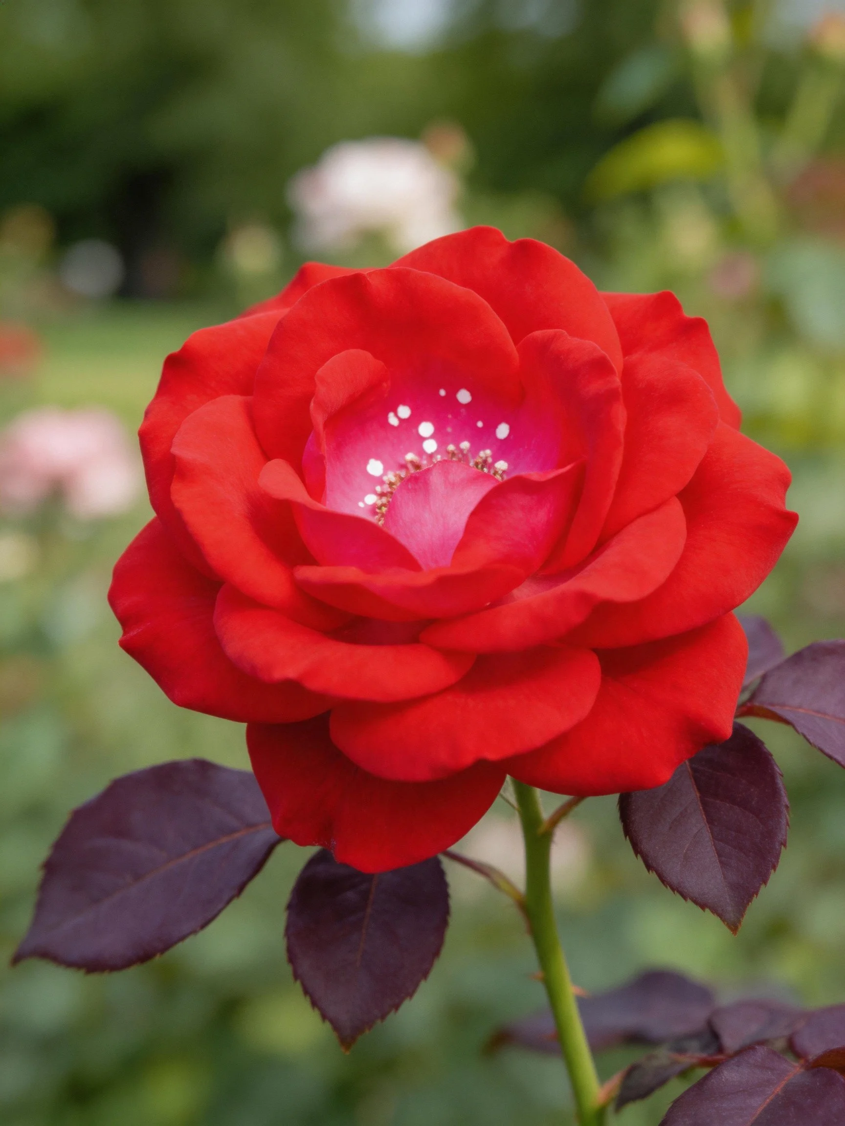 A vibrant red rose with dark purple leaves in a blurred garden setting