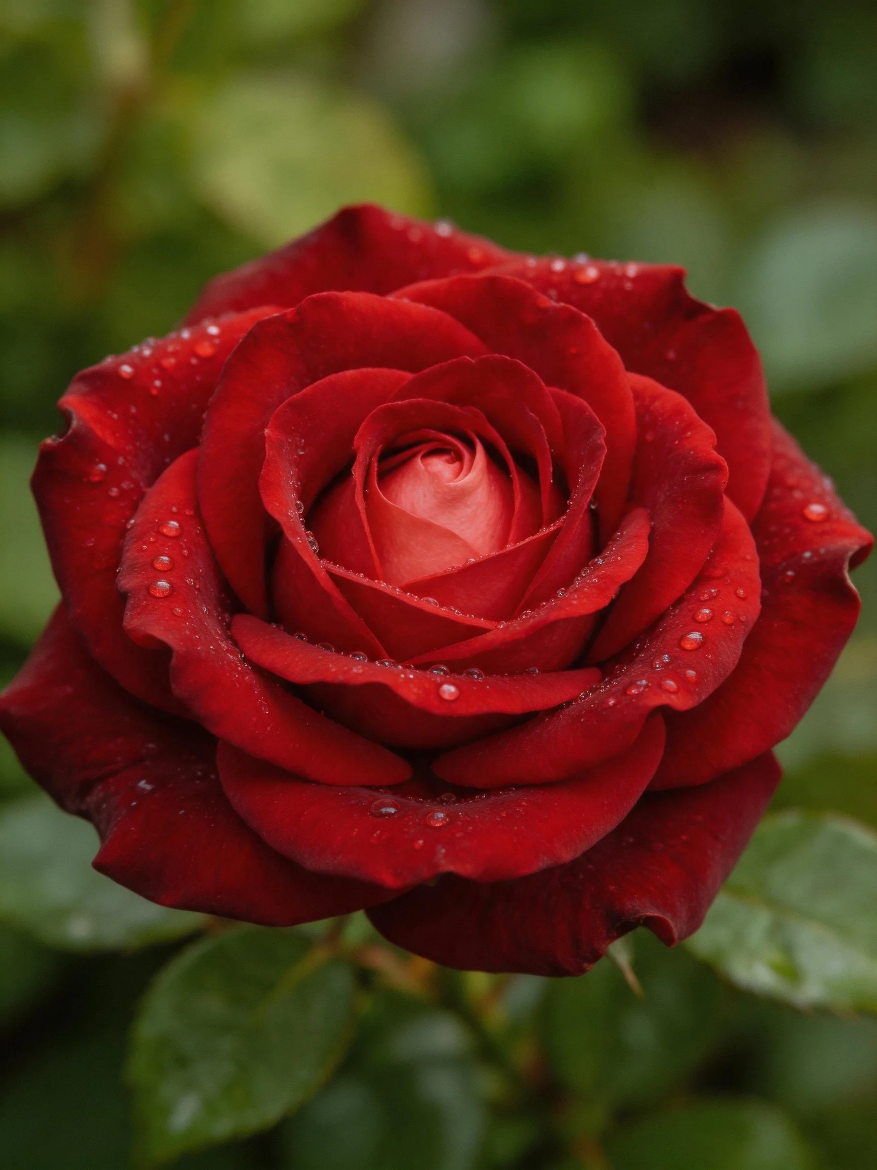 A vibrant red rose with dew droplets, surrounded by green foliage